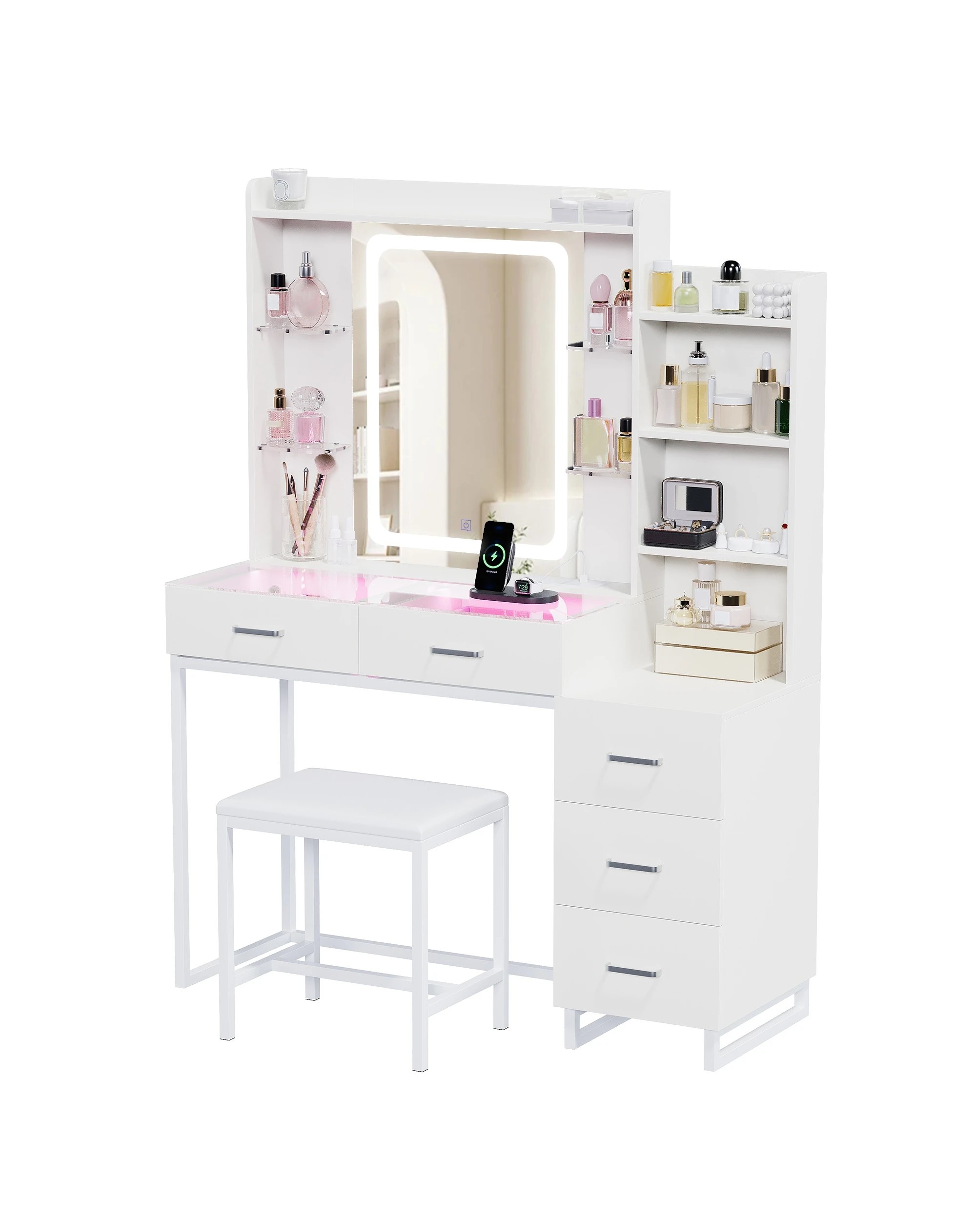 5 Advwin Dressing Table Vanity Desk Glass Top Drawer Wireless Charging LED Light - White, 5 of 10
