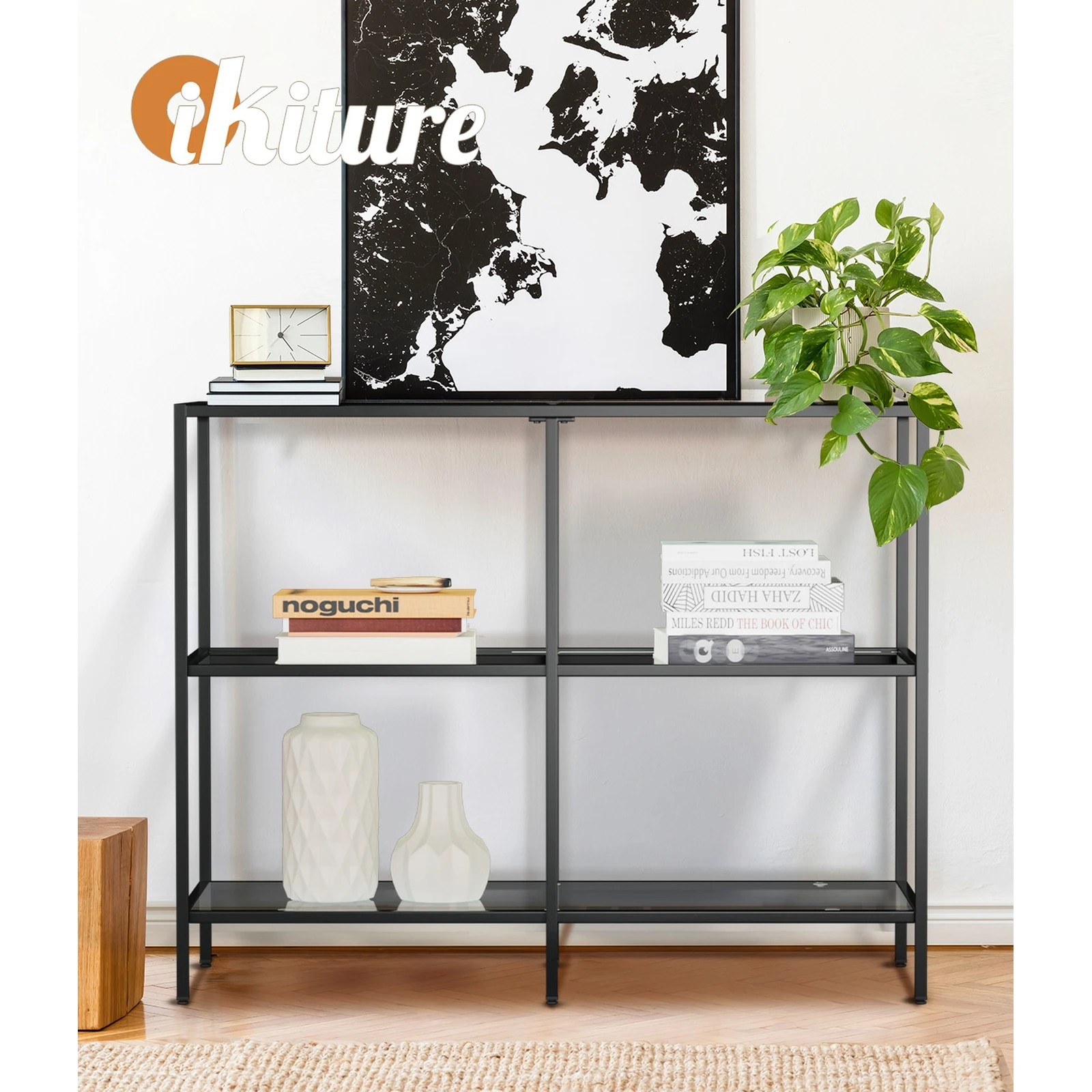 5 Oikiture Console Table Tempered Glass Sofa Table Hall Side Entry 3 Shelves
 - Black, 5 of 10