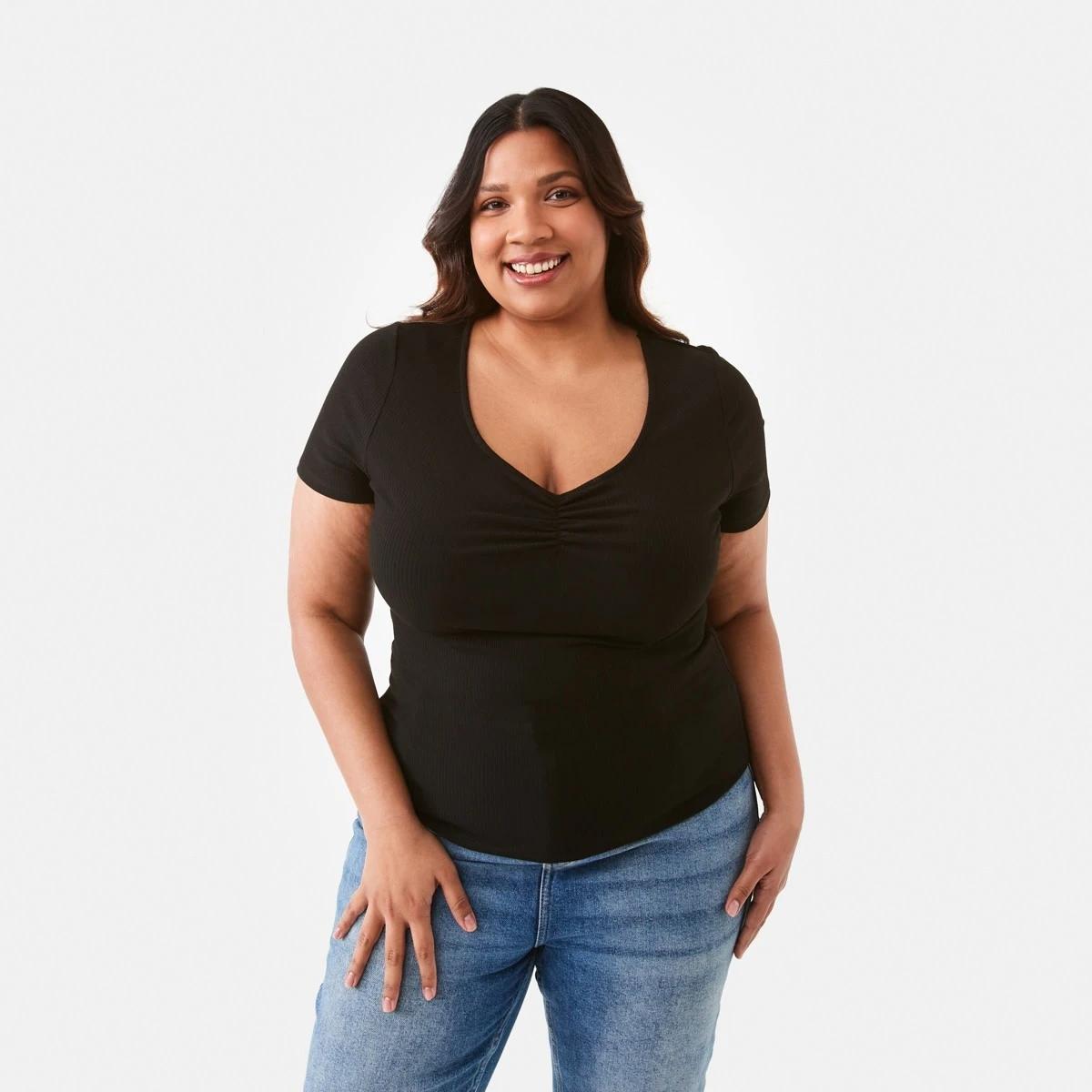1 Curve Short Sleeve Ruch Top Black, 1 of 6