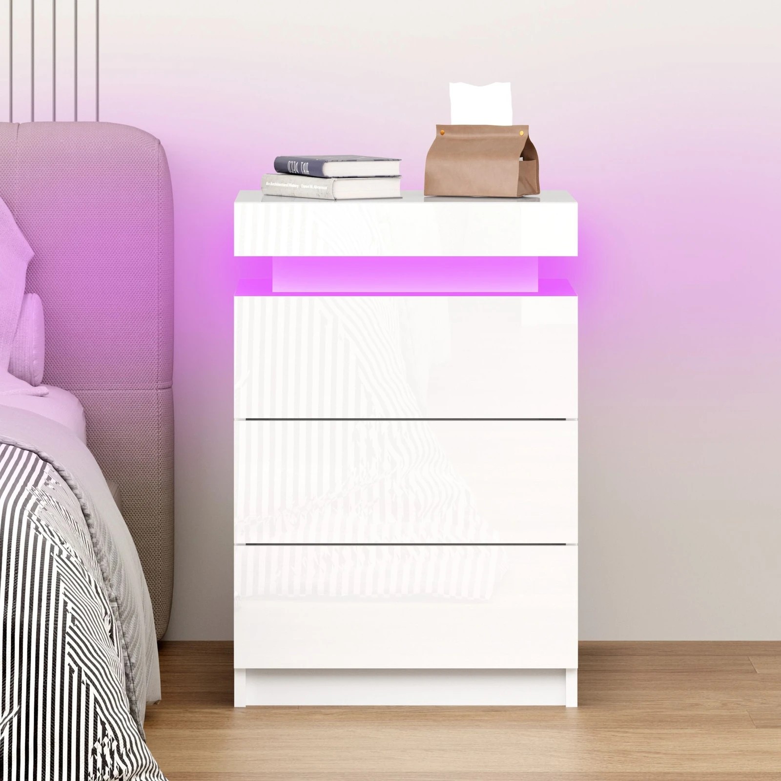5 Alfordson Bedside Table RGB LED Nightstand 3 Drawers 4 Side High Gloss - White, 5 of 10