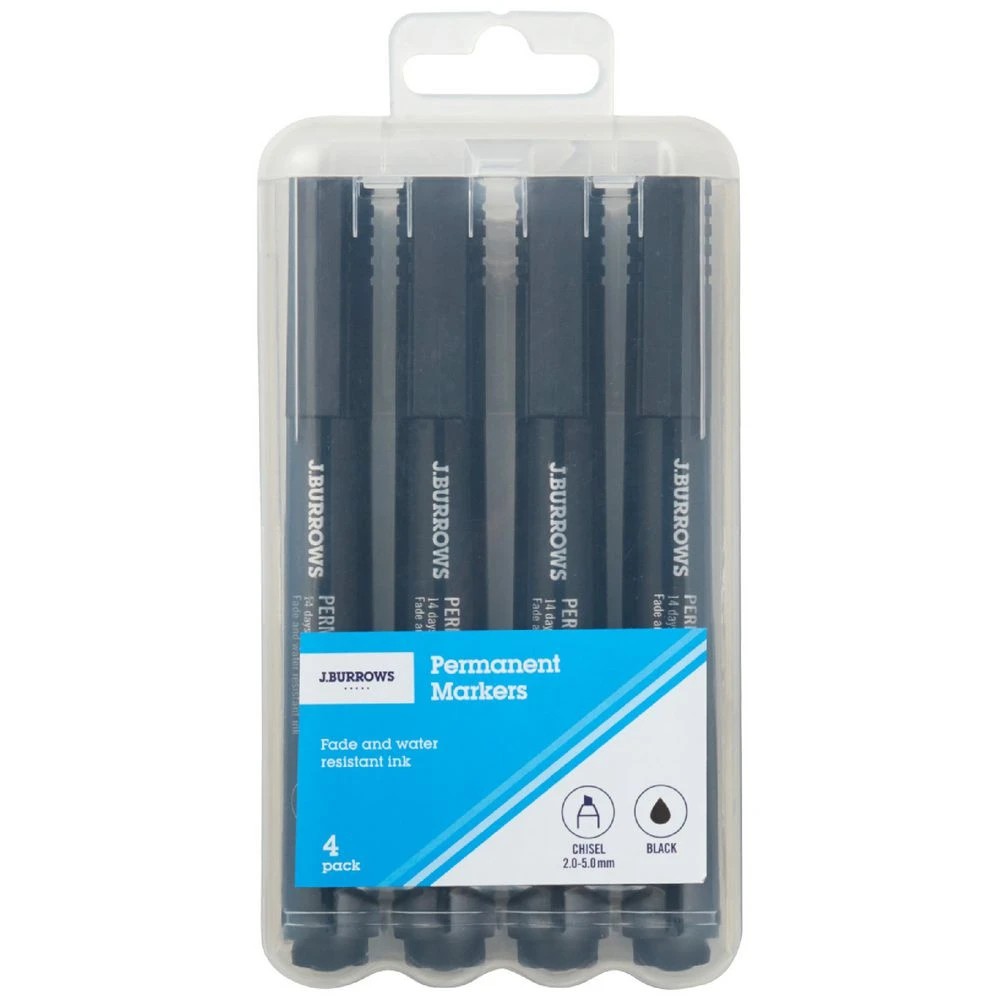 1 J.Burrows Permanent Markers Chisel Black 4 Pack, 1 of 3