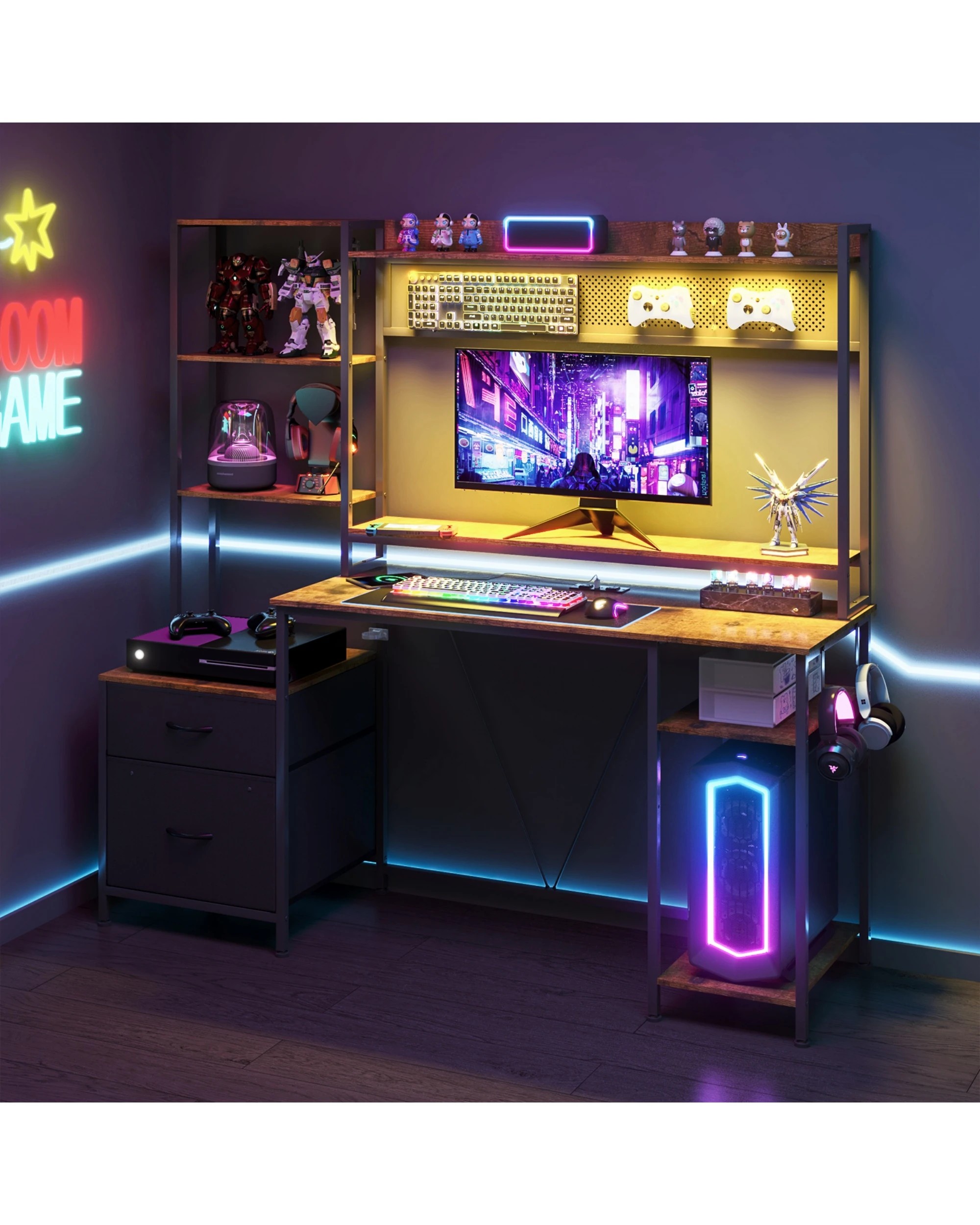 4 Advwin 165cm Reversible  Gaming Desk with LED Lights & Power Outlets - Brown, 4 of 10