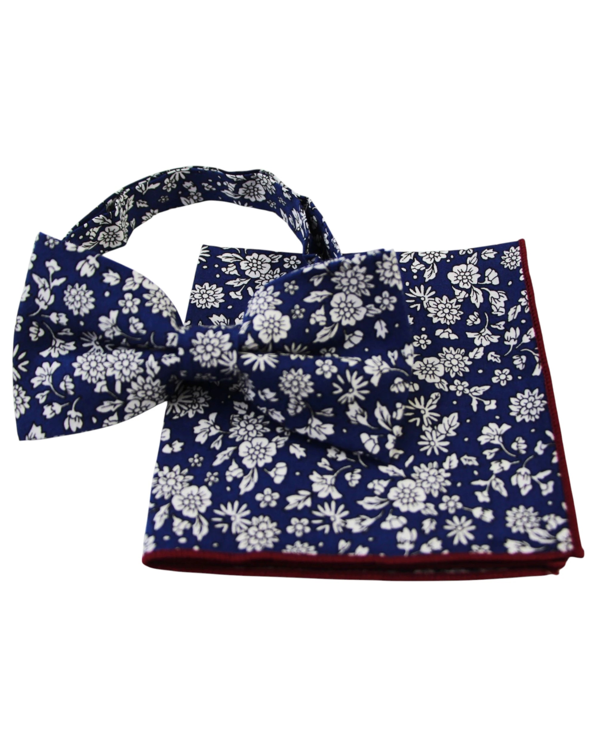 1 Zasel Mens Navy With White Flowers Cotton Bow Tie & Pocket Square Set - Multi, 1 of 4
