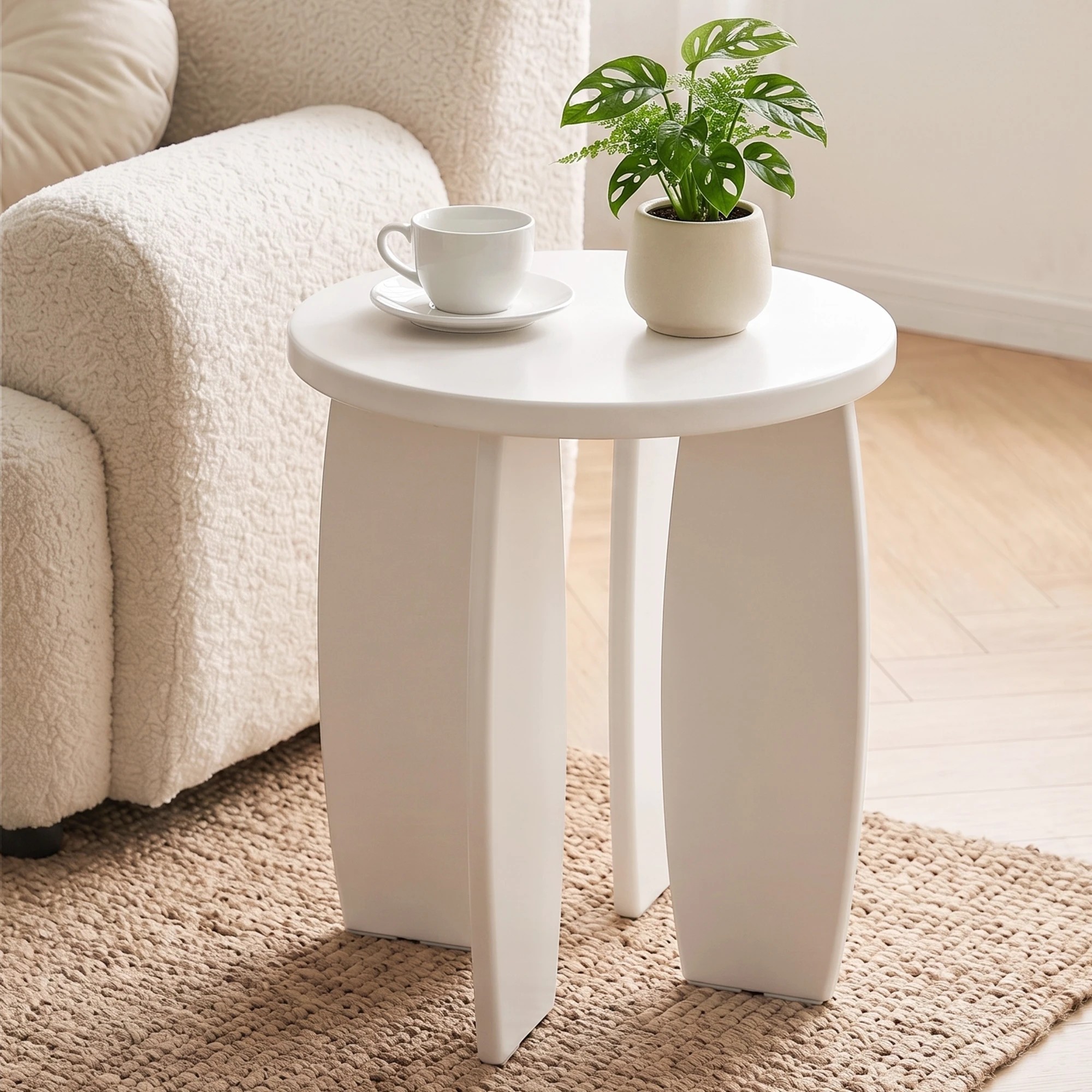 2 Artiss Round End Table High-Gloss Small Coffee Table Side Bedside Nightstand 40x45cm Cream white - White, 2 of 9