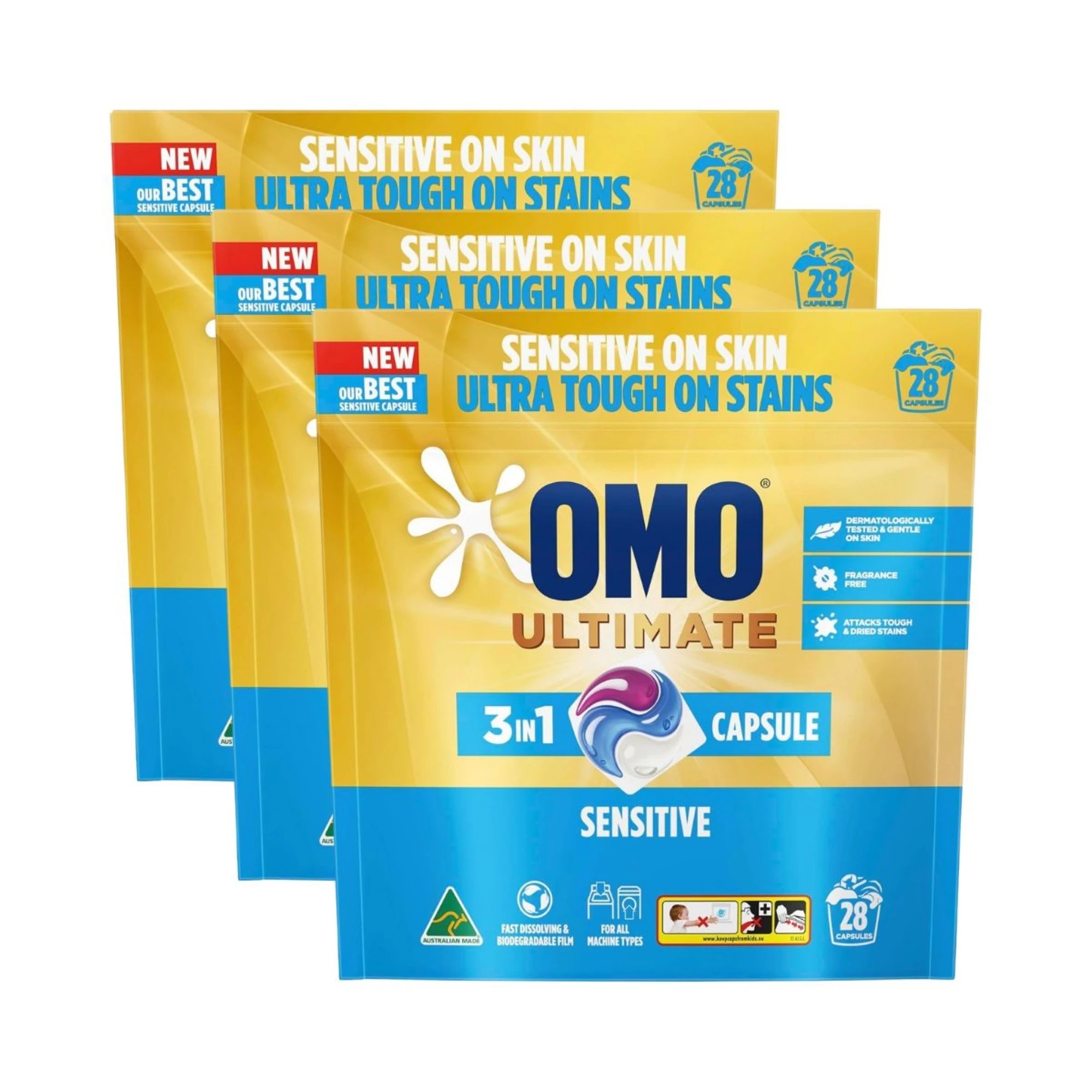 1 Omo Ultimate  3 In 1 Sensitive Tabs Pk28 x3, 1 of 2
