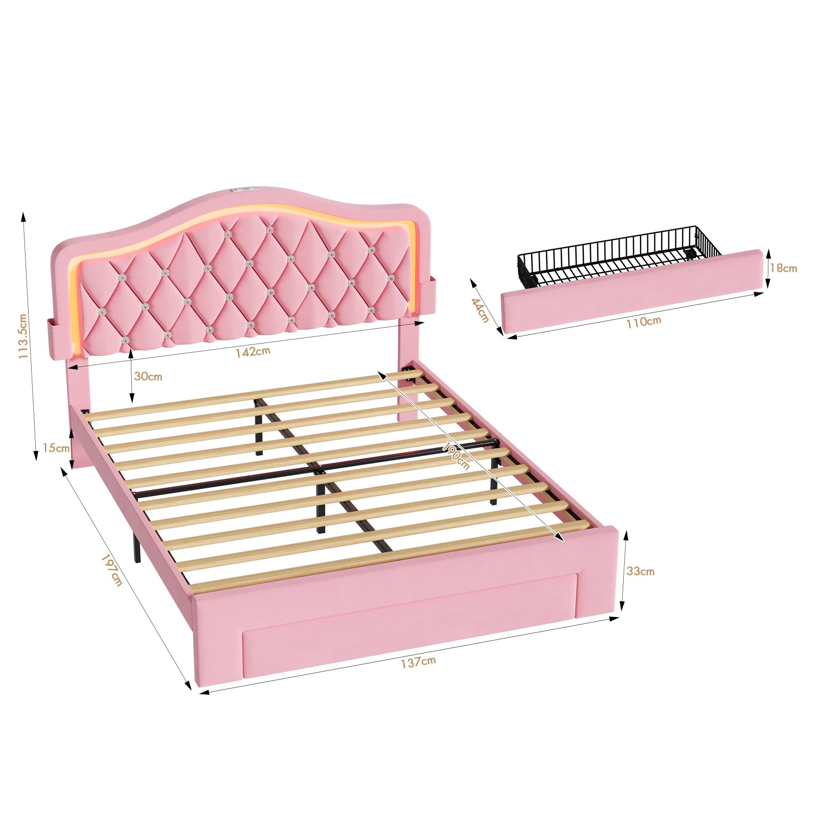 3 Advwin LED Velvet Bed Frame with Adjustable Headboard and Storage Drawer Double - Pink, 3 of 9