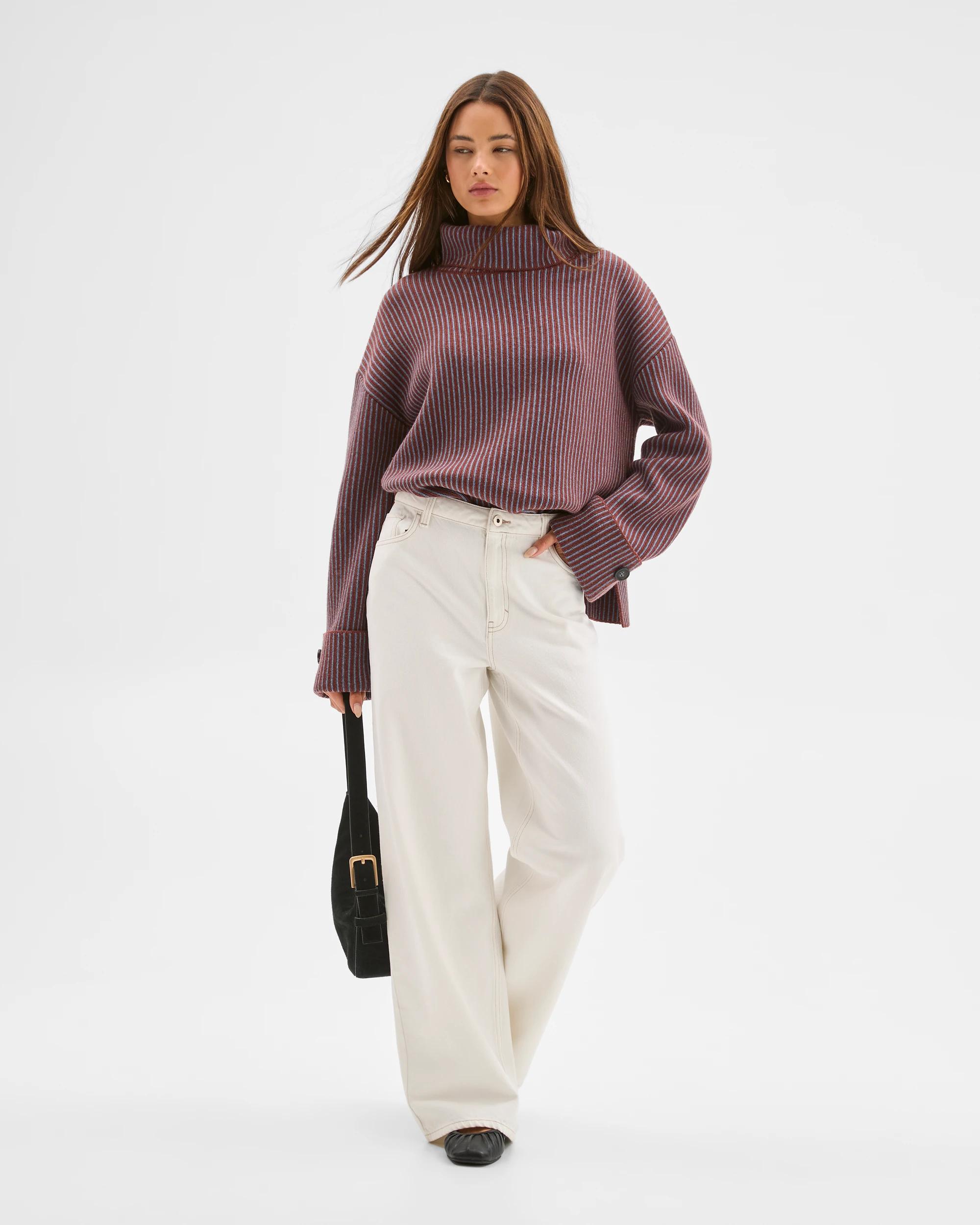 2 Lily Loves High Neck Rib Jumper MERLOT STRIPE, 2 of 5