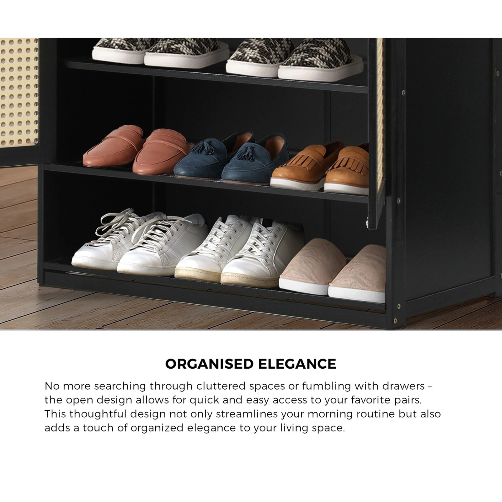 4 Oikiture Shoe Storage Cabinet Shoes Rack Organiser Shelf 2 Doors Rattan
 - Black, 4 of 10