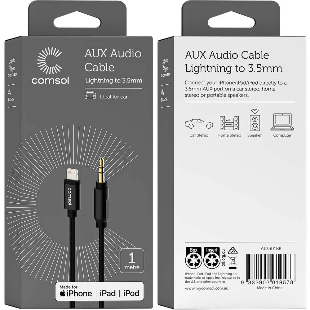 6 Comsol Lightning to 3.5mm Audio Cable 1m Black, 6 of 6
