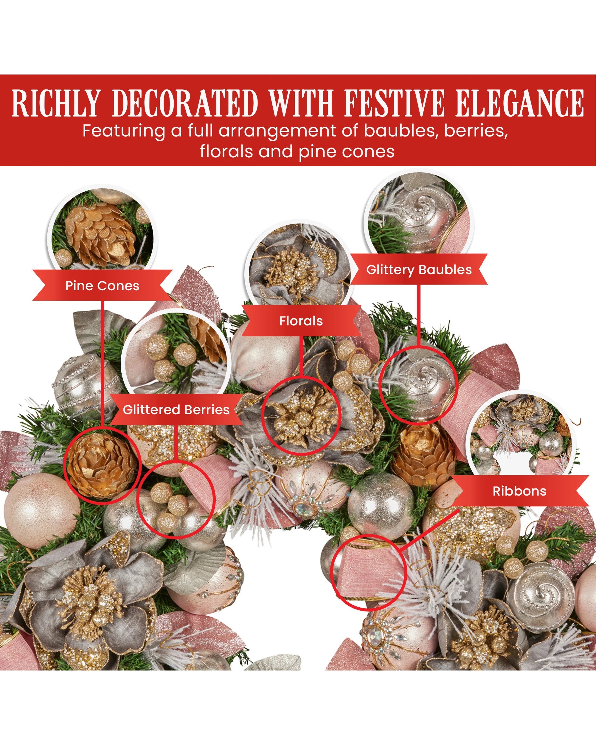 5 Christabelle 71cm Christmas Wreath Pink Front Door Decoration Jewelled Baubles Flowers Pine Cones Ribbons Ornaments, 5 of 9