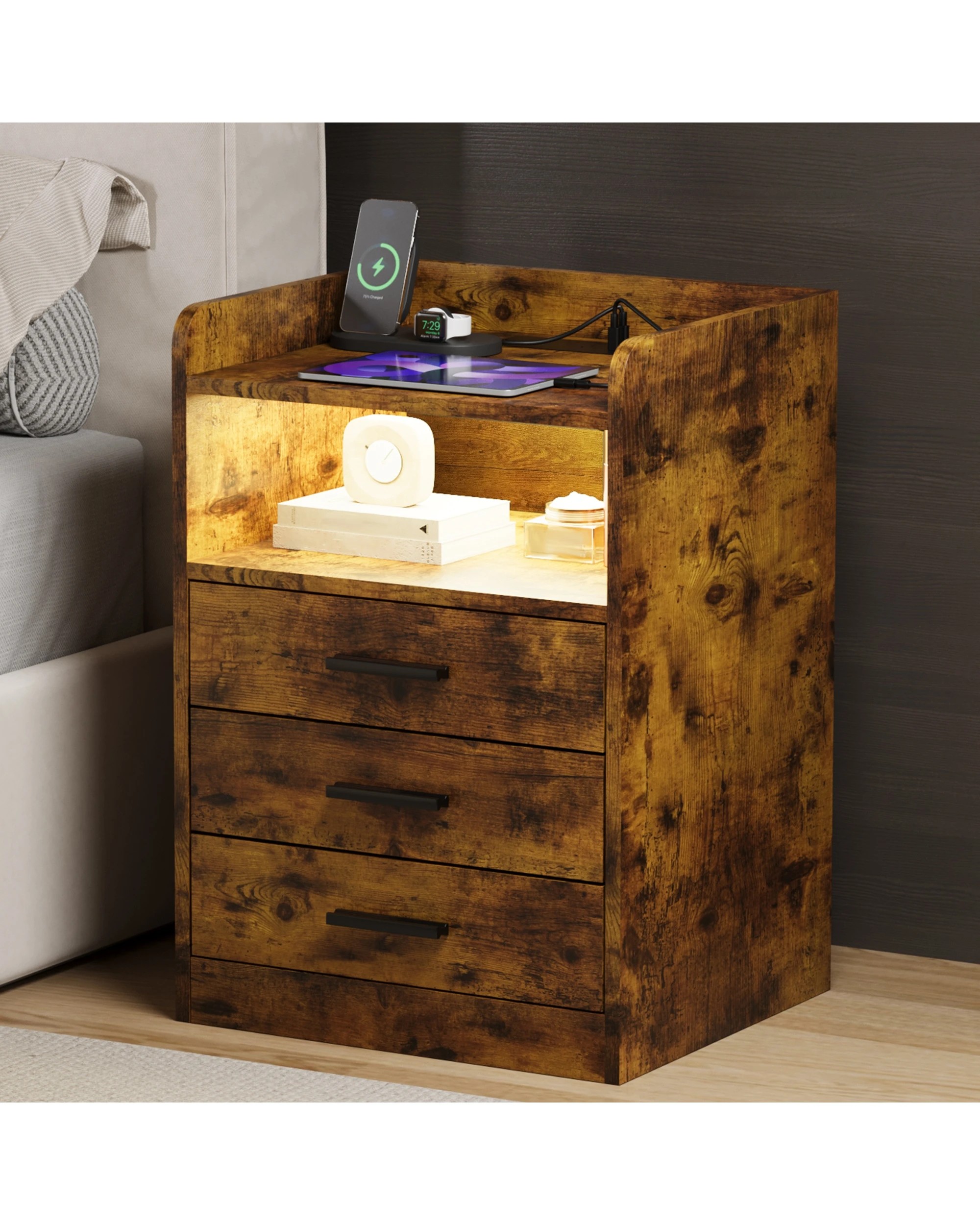 2 Advwin Bedside Table Set Of 2 Rgb Led Light Charging Station 3 Drawers - Brown, 2 of 9