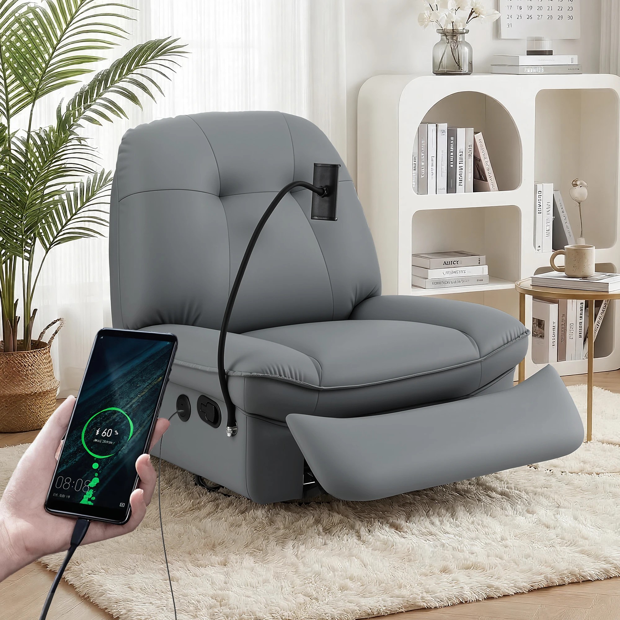 4 Artiss Manual Swivel Rocker Recliner with USB Ports Rocking Chair Nursery Sofa - Grey, 4 of 5