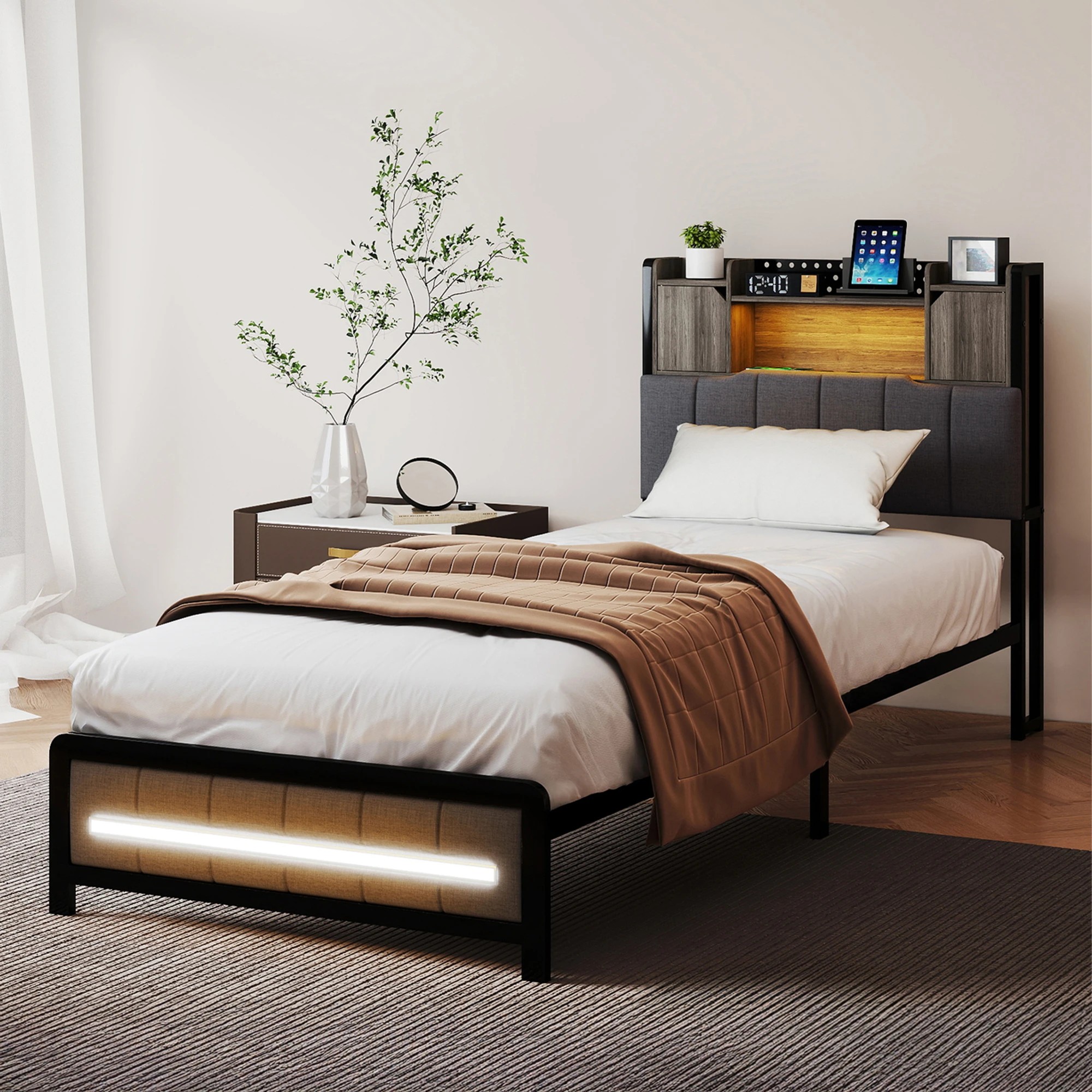 8 Levede Single Bed Frame with LED USB and Storage Bedhead, 8 of 9
