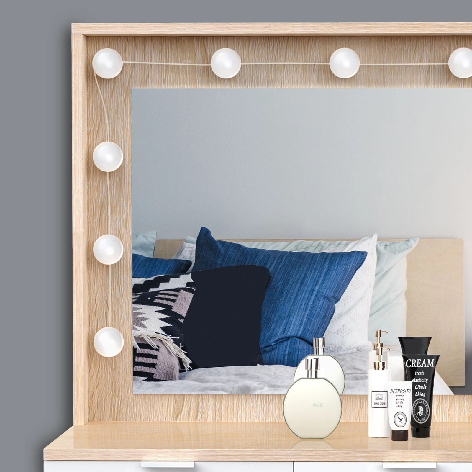 6 Alfordson Dressing Table Stool Set Makeup Mirror Desk 12 LED Bulbs - Oak, 6 of 10