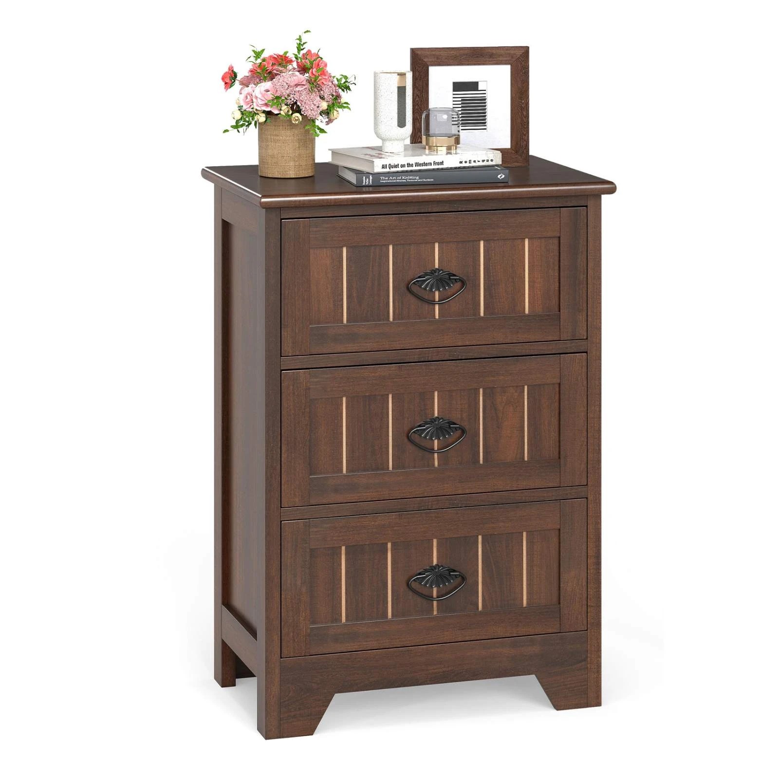 4 Costway 3 Drawers Bedside Table Wood Nightstand Side Table, 4 of 5