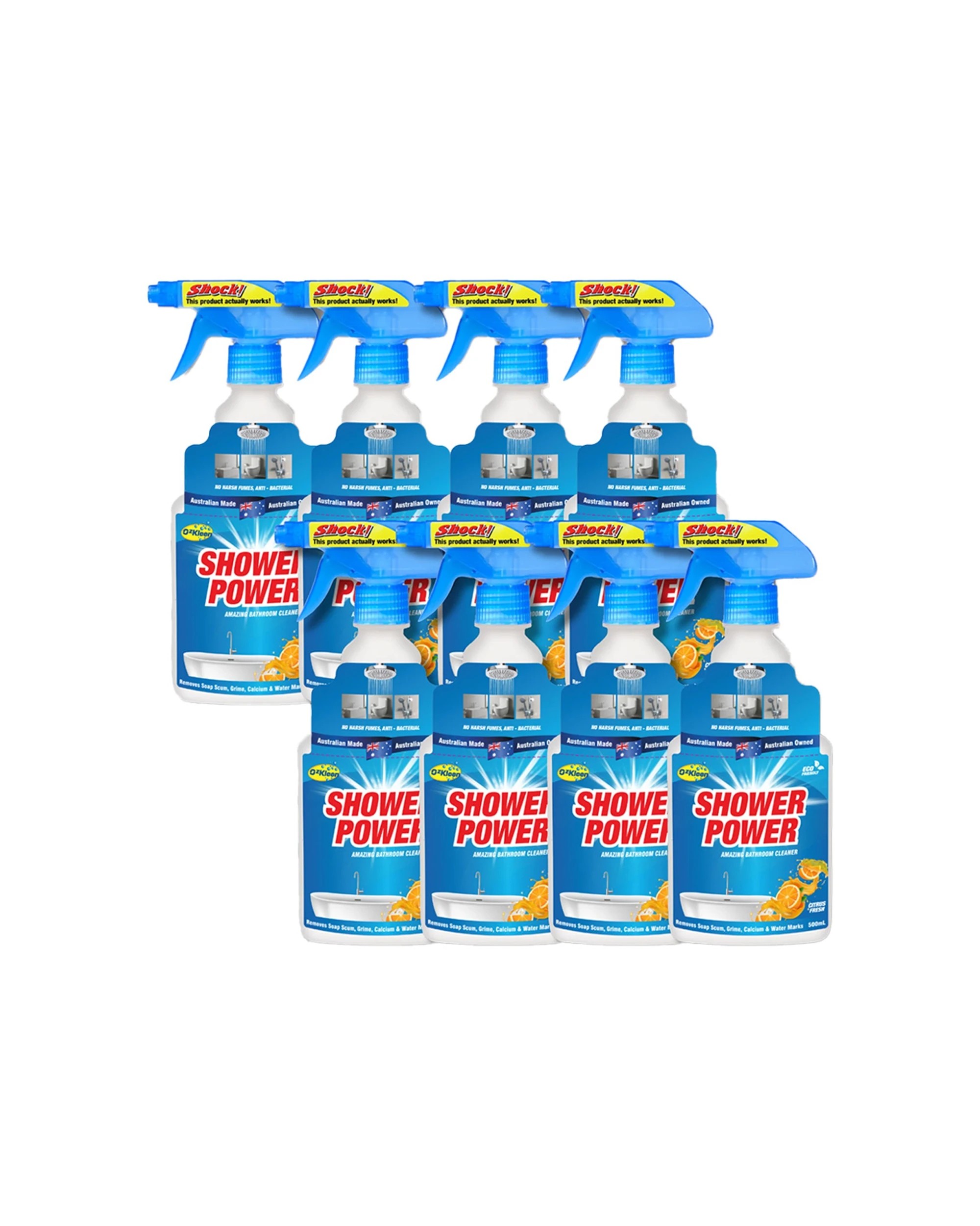 1 OzKleen Shower Power 8 Pack 500ml - Bathroom Shower Cleaner, Citrus Fresh - Blue, 1 of 1