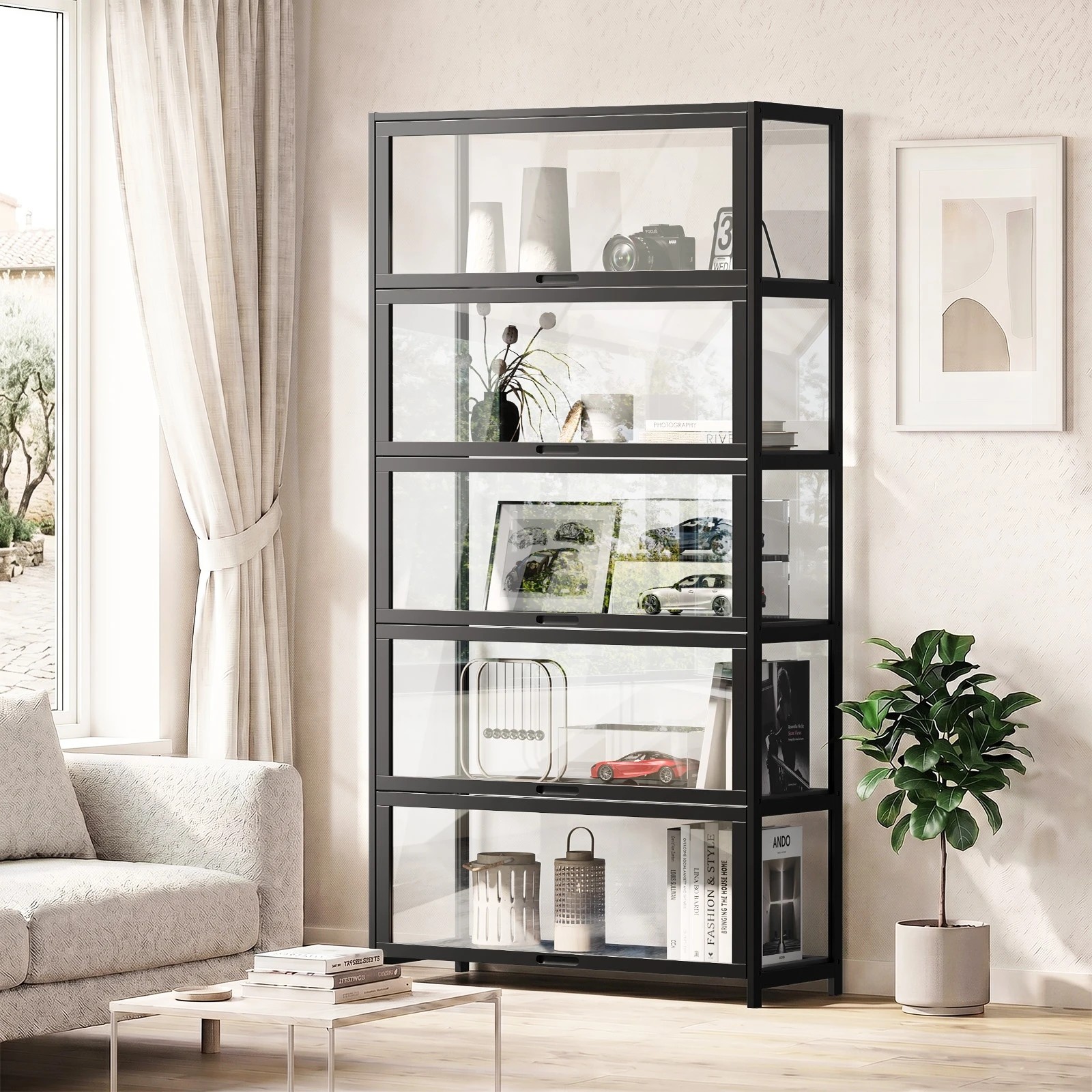 3 Oikiture Display Cabinet Storage 5-Tier Shelves Tall Clear Bookcase Rack - Black, 3 of 8