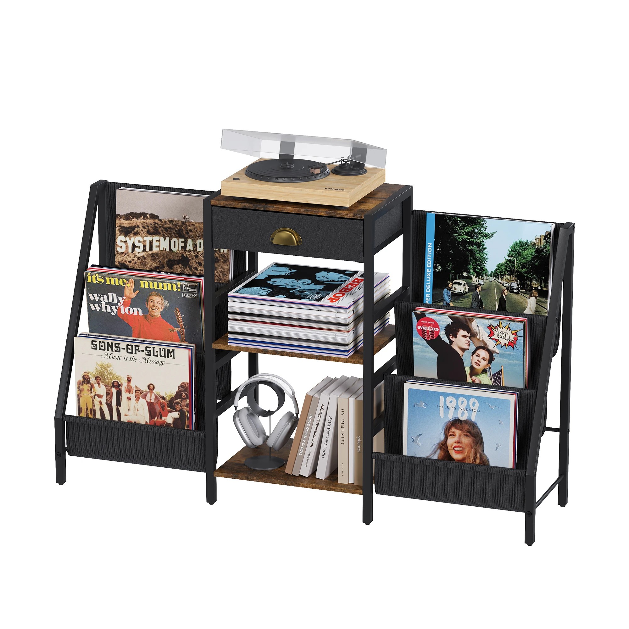 1 Advwin Storage Record Player Stand w/6 Pockets and Drawer Record Table Stand Storage Up to 200 Albums, 1 of 10