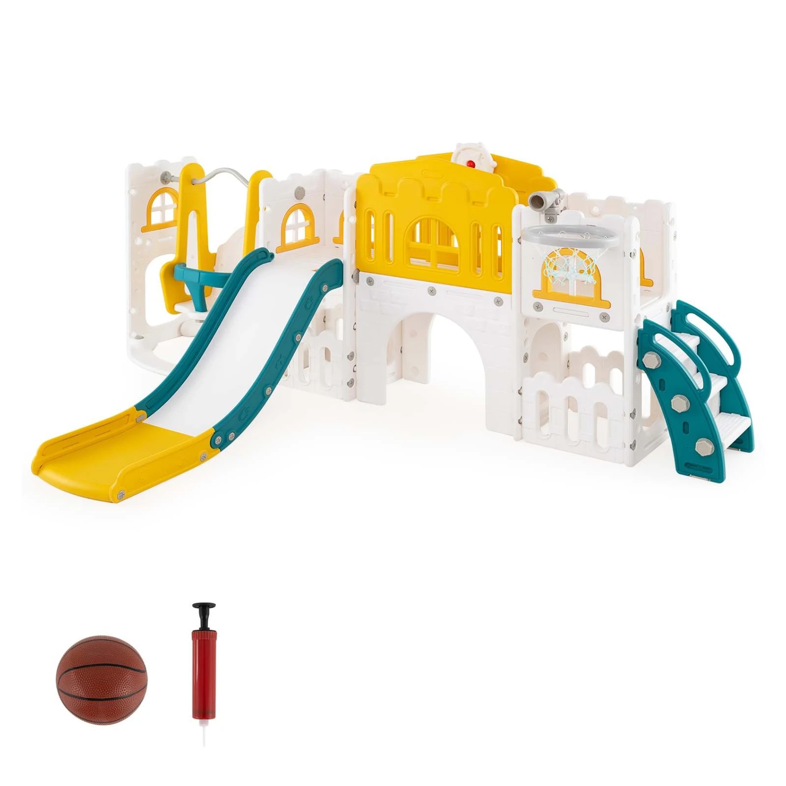 1 Costway 10 in 1 Kid Slide Swing Set w/Basketball Hoop Double Slides - Yellow, 1 of 1