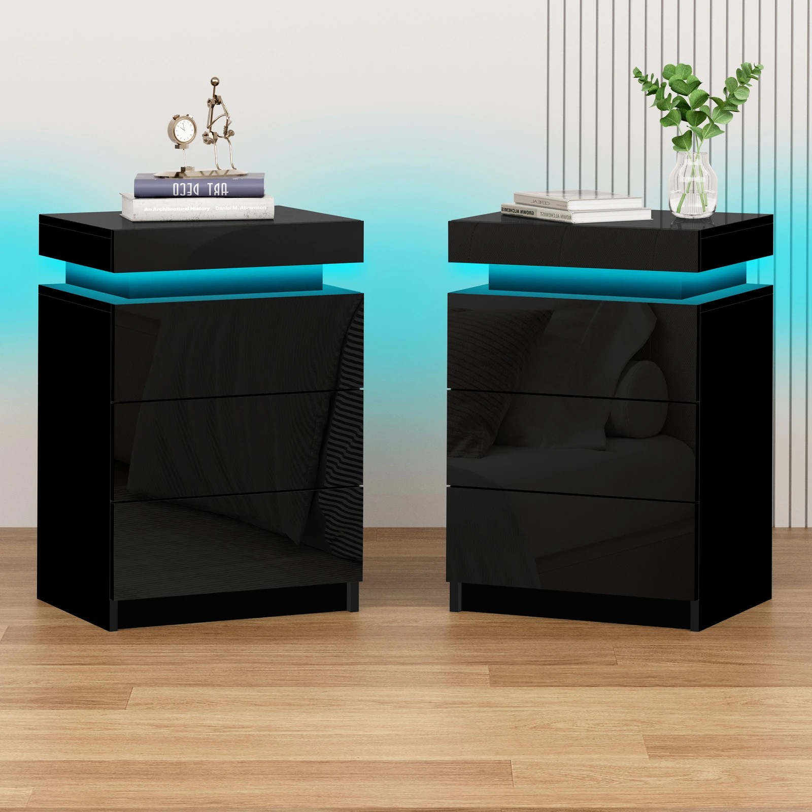 2 Alfordson 2x Bedside Table RGB LED Nightstand 3 Drawers High Gloss - Black, 2 of 10