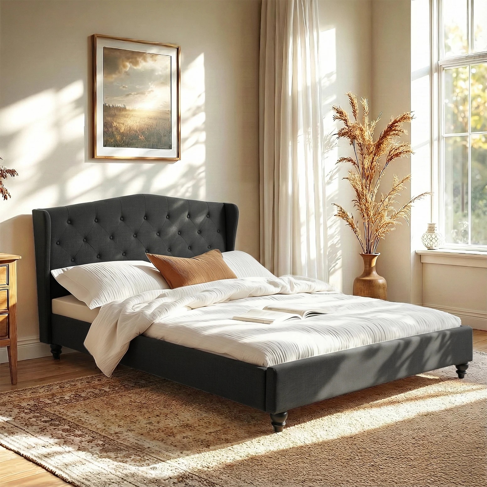 6 Artiss King Bed Frame Wingback Headboard Charcoal  Linen Upholste Platform - Charcoal, 6 of 6