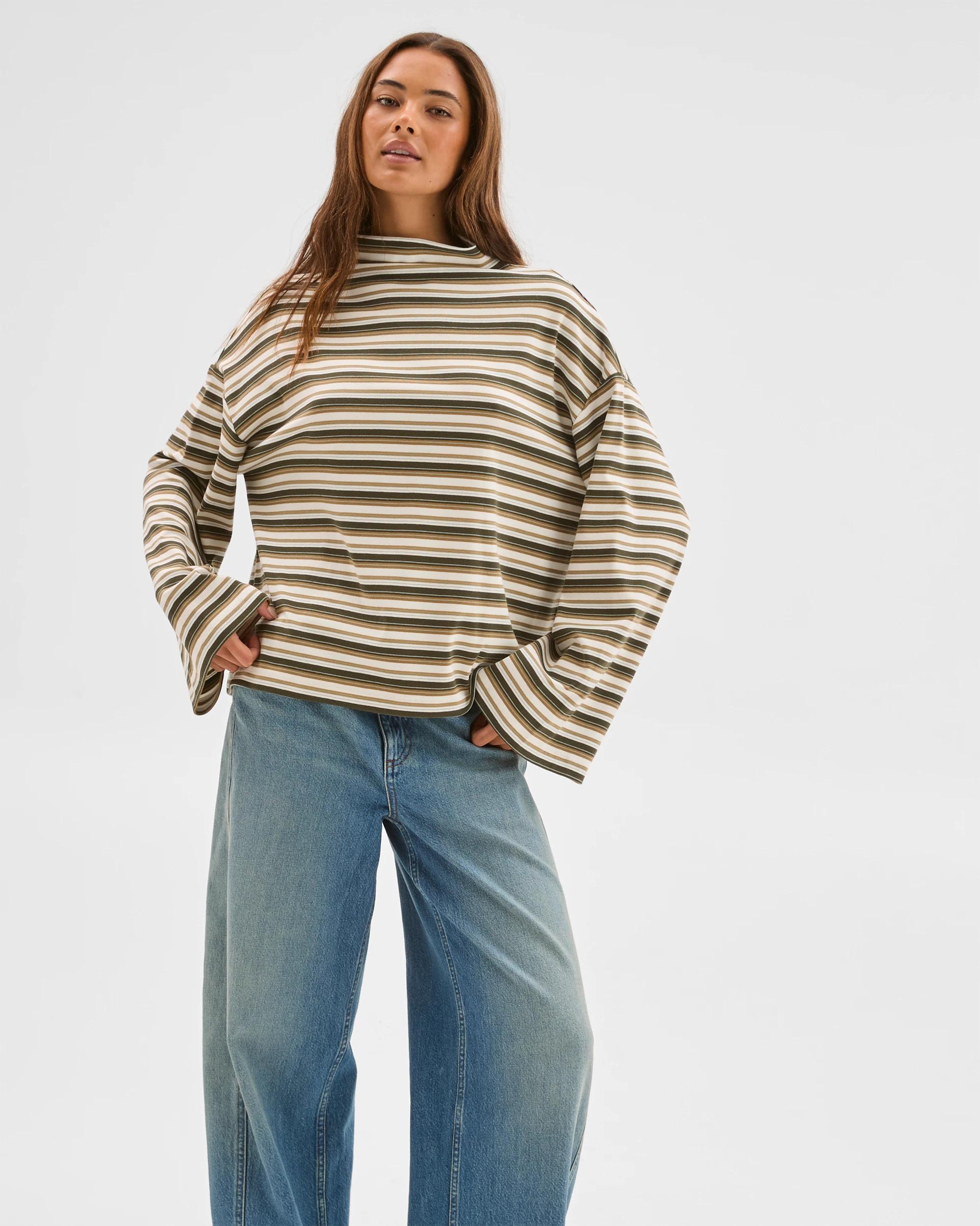 1 Lily Loves Australian Cotton High Neck Long Sleeve T-Shirt GREEN STRIPE, 1 of 6