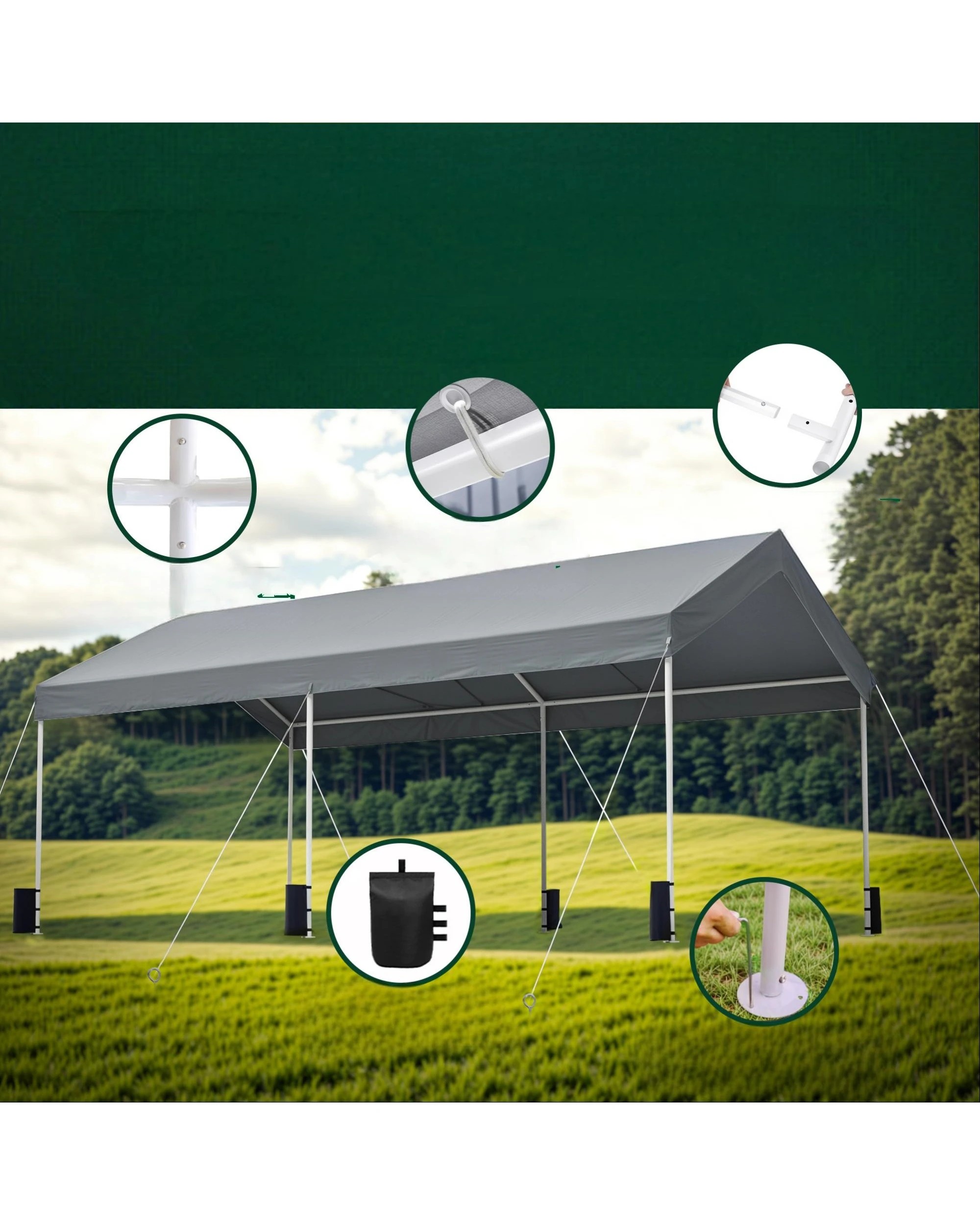 2 Advwin 3x6m Carport Canopy Portable Garage w/ Built-in Sandbags - Grey, 2 of 7
