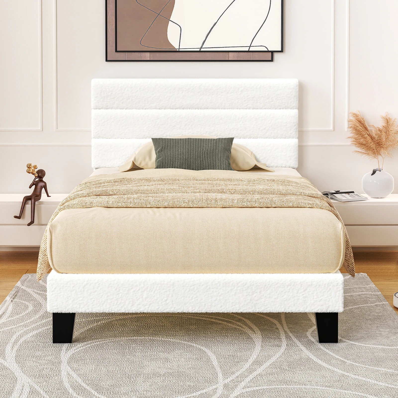3 Alfordson Bed Frame Single Size Upholstered Platform Boucle Harlene - White, 3 of 10