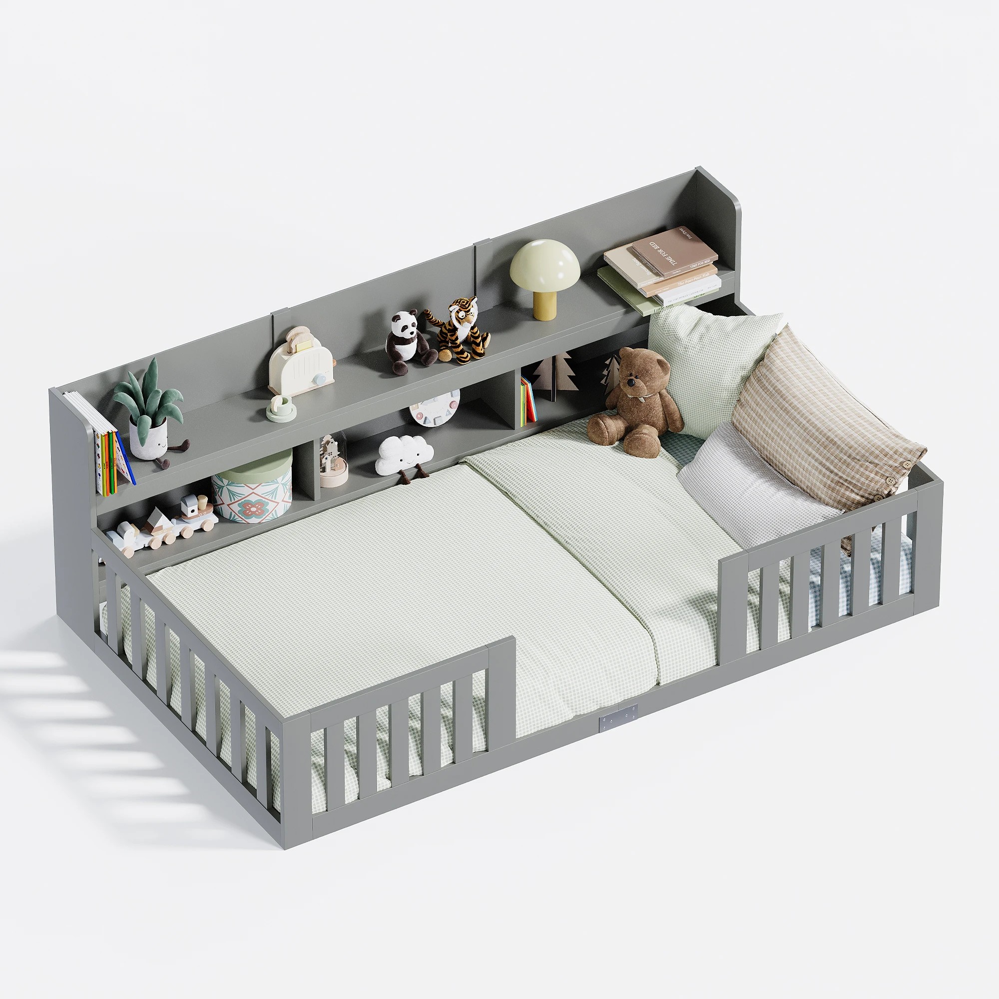 1 Advwin Kids Bed Frame with bookcase Wood Montessori Toddler Floor Bed with Safety Guardrail - Grey, 1 of 10