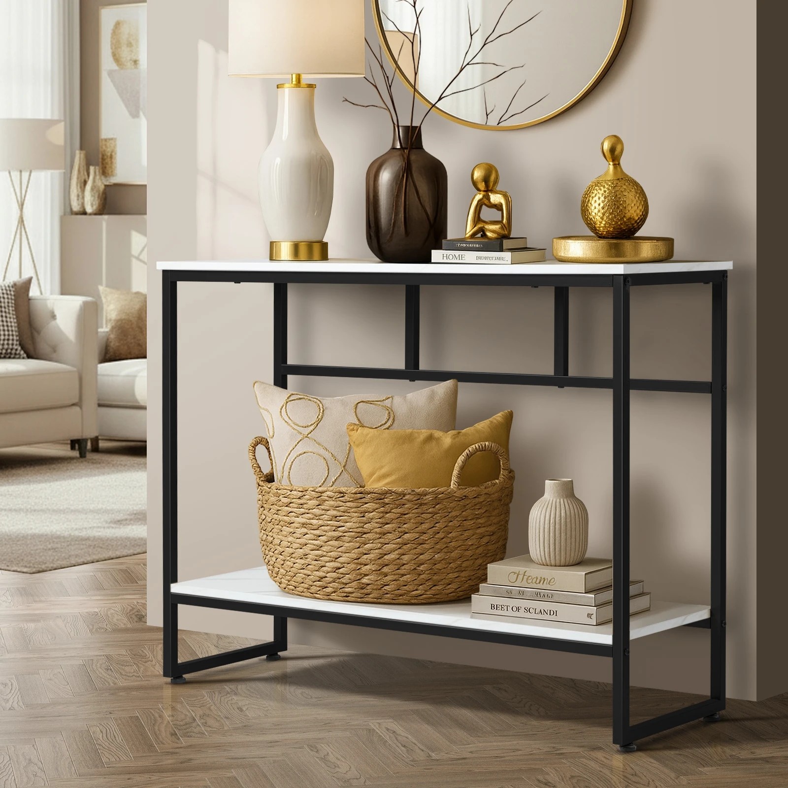 3 Oikiture Console Table Hallway Marble Effect Metal Entry Table Display - Black, 3 of 9