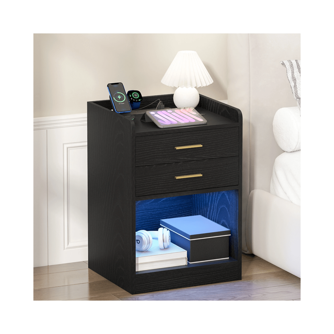 3 Advwin LED Bedside Table with Charging Station 2 Drawers Nightstand - Black, 3 of 7