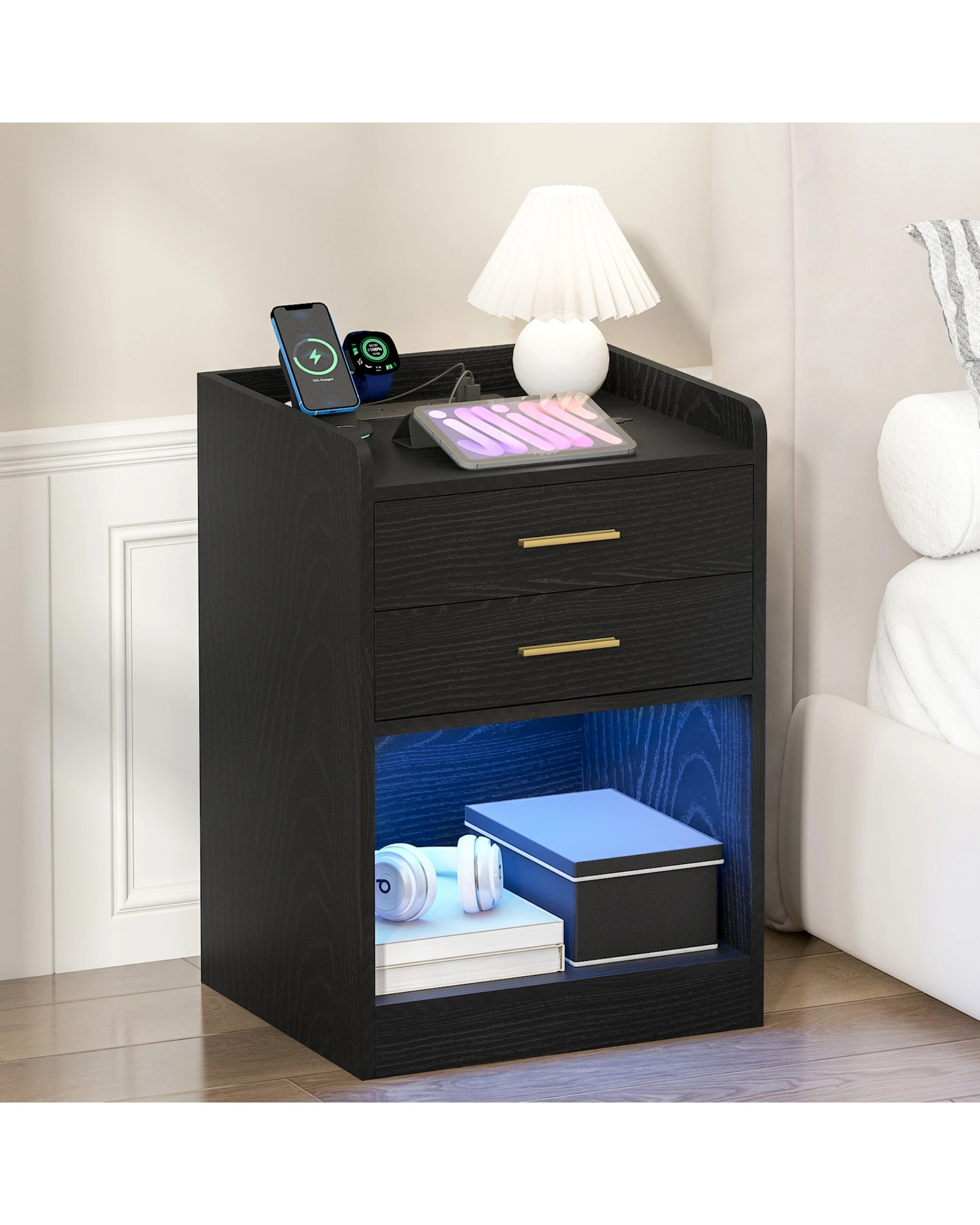 3 Advwin LED Bedside Table with Charging Station 2 Drawers Nightstand - Black, 3 of 7