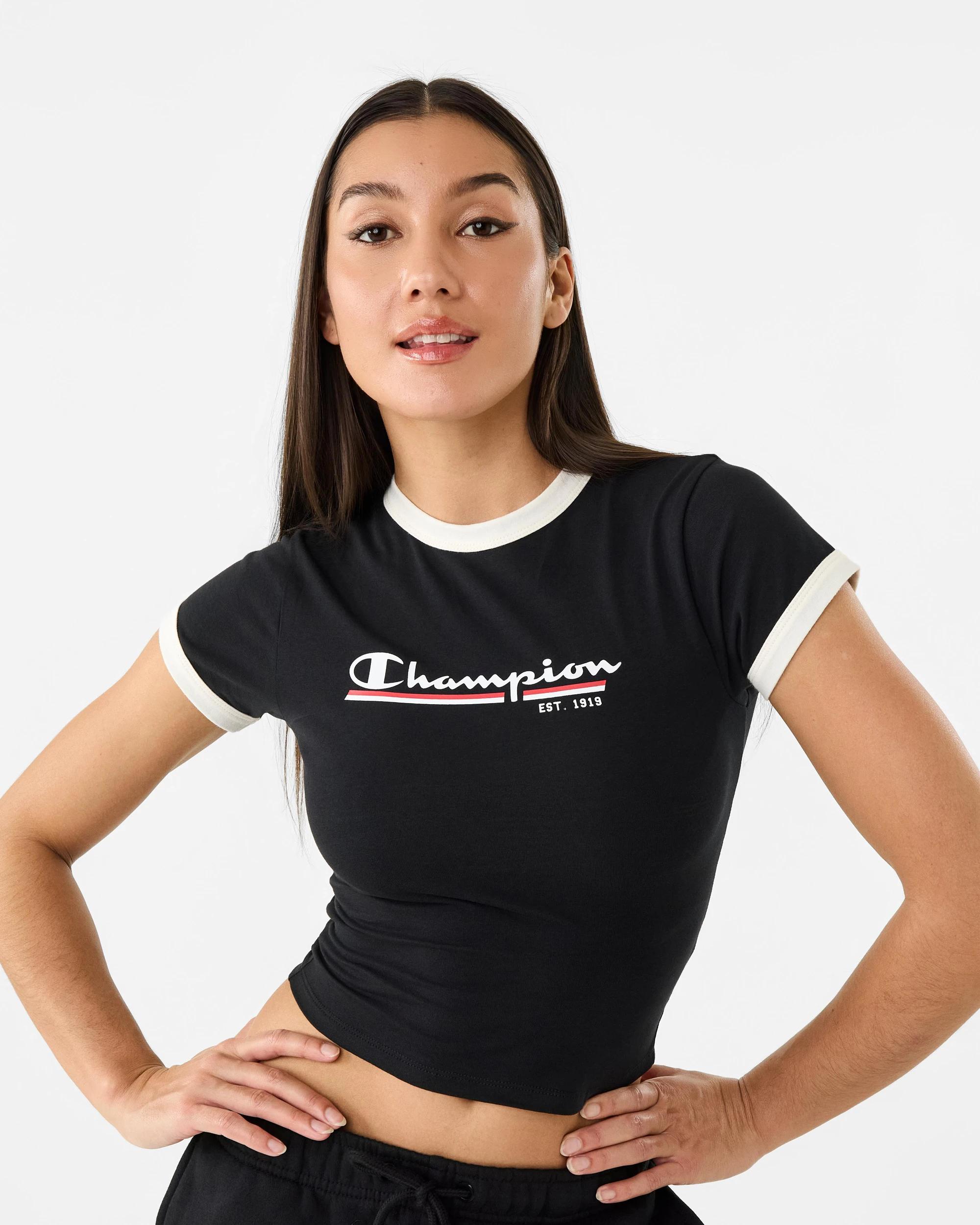 1 Champion Script Womens Ringer T-shirt Black, 1 of 7