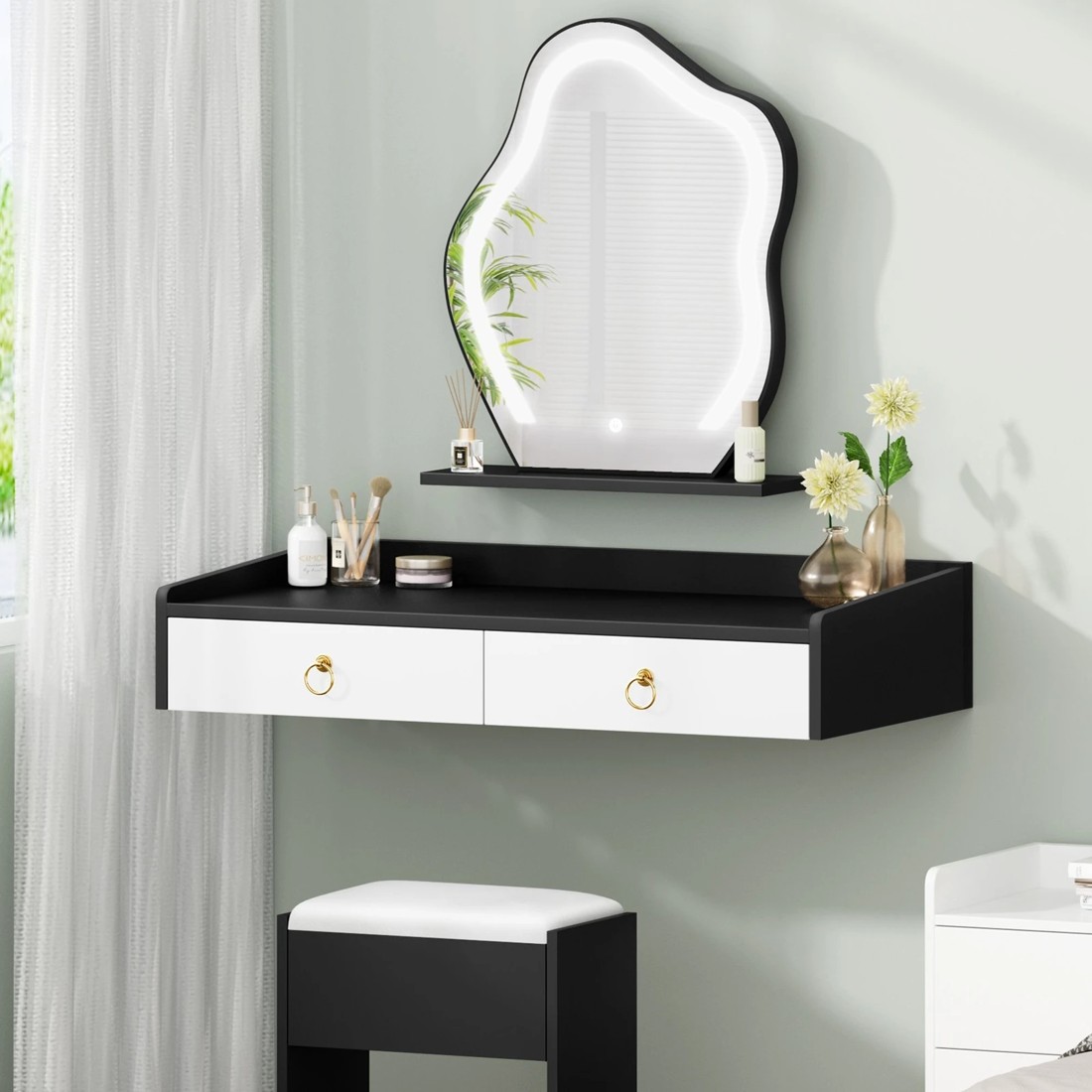 3 Alfordson Dressing Table Stool Floating Makeup Mirror Vanity Desk LED - Black White, 3 of 10