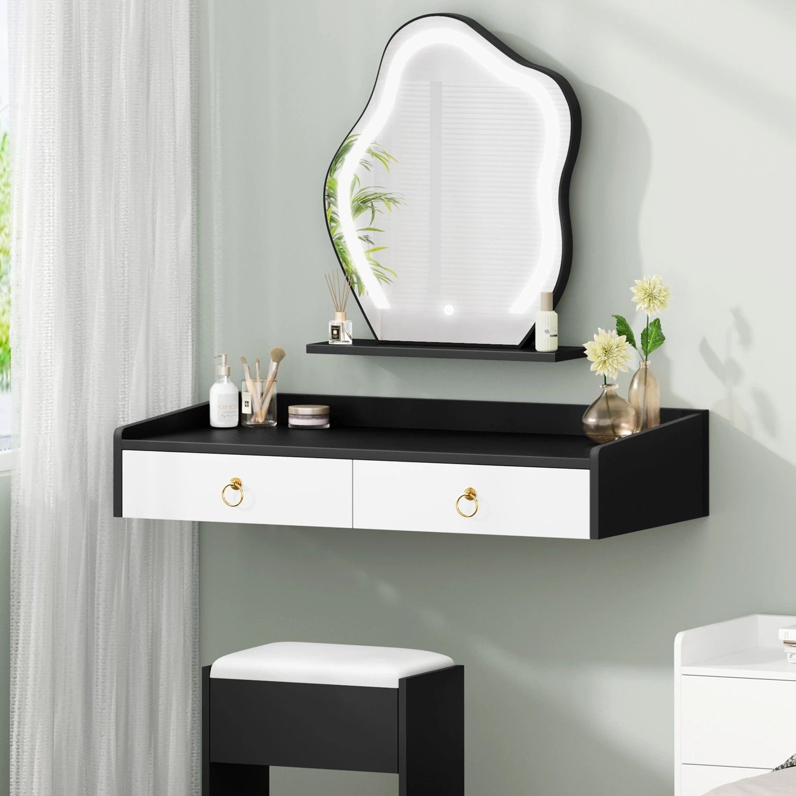 3 Alfordson Dressing Table Stool Floating Makeup Mirror Vanity Desk LED - Black White, 3 of 10