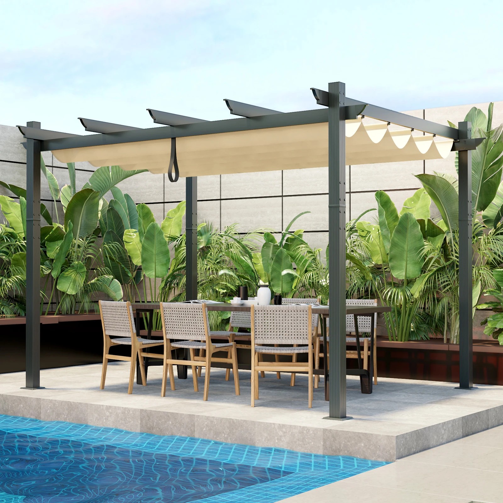 2 Costway Outdoor Pergola Aluminum Retractable Canopy Shelter - Beige, 2 of 3