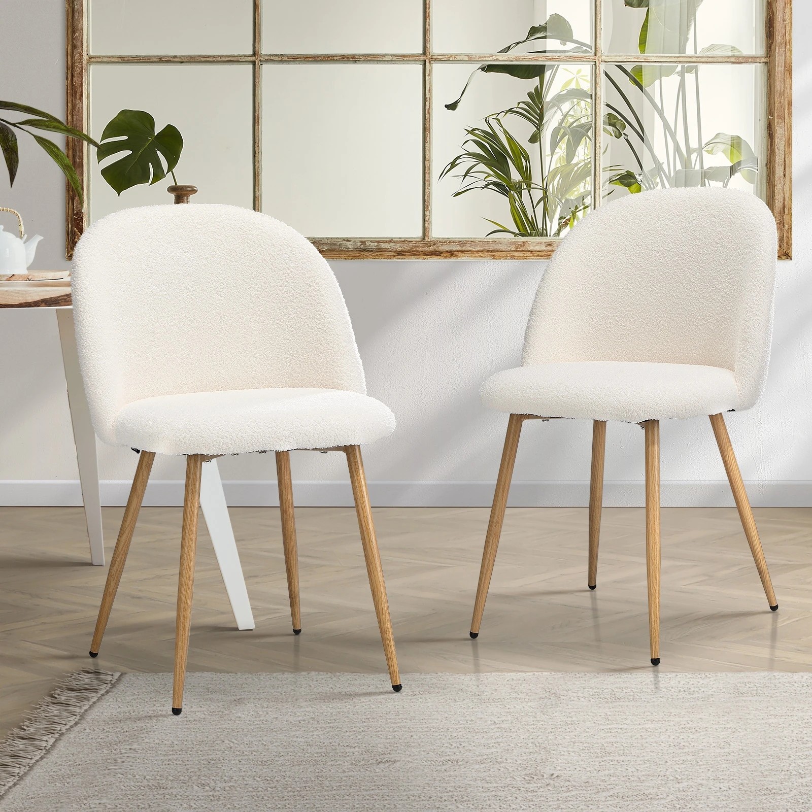 2 Oikiture 2x Dining Chairs Accent Chair Armchair Upholstered Sherpa Wooden
 - White, 2 of 10
