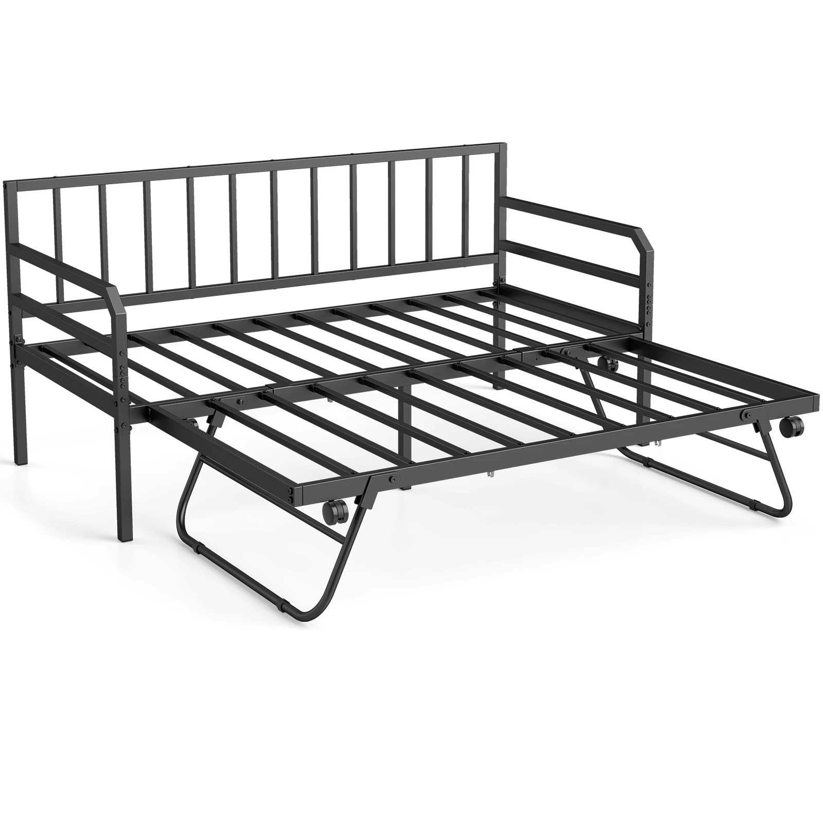 1 Costway Single Sofa Bed Metal Daybed Bed Frame Space Savor w/Pop up Trundle, 1 of 4