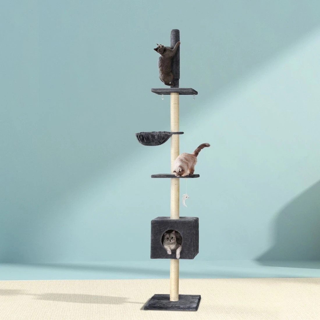 3 i.Pet Cat Tree 260cm Tower Scratching Post Scratcher Floor to Ceiling Cats Bed
 - grey, 3 of 6