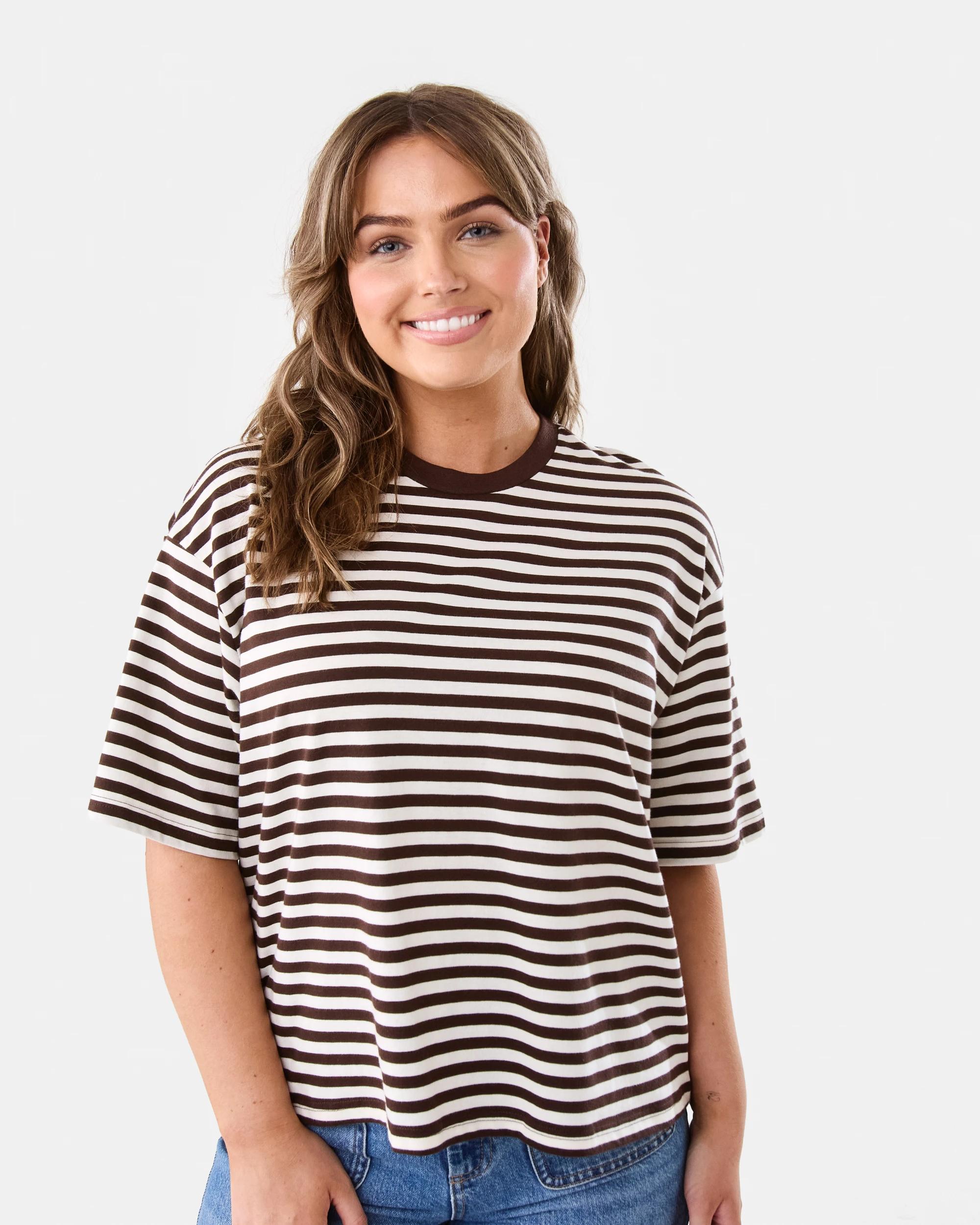 1 Short Sleeve Oversized Chopped Stripe T-shirt Choc Strp, 1 of 5