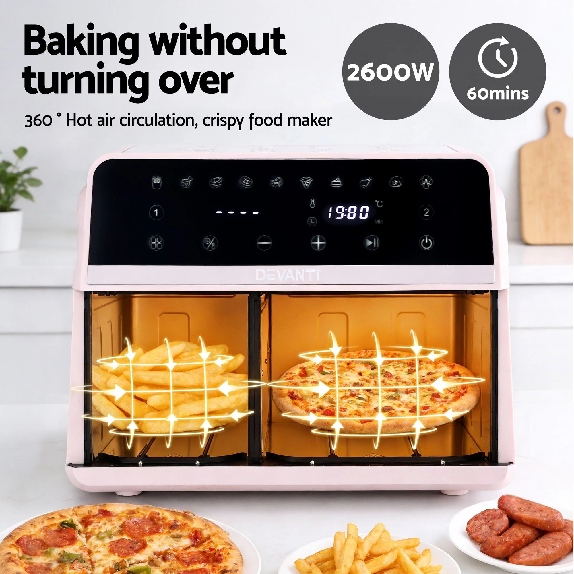 5 Devanti Air Fryer 9L Dual Zone Fryers 2600W - Pink, 5 of 6