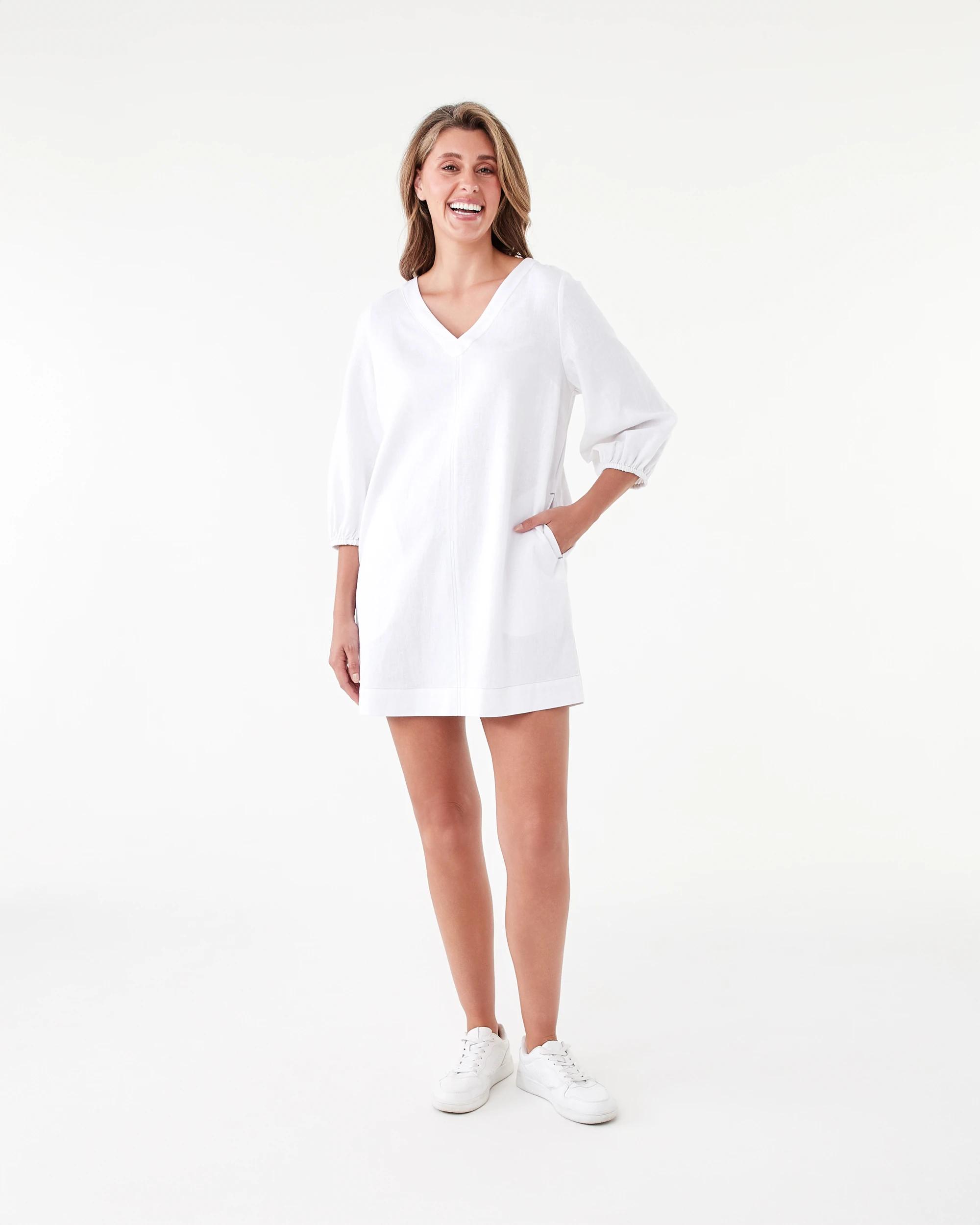 8 Long Sleeve Linen Blend V-Neck Mini Dress White, 8 of 8