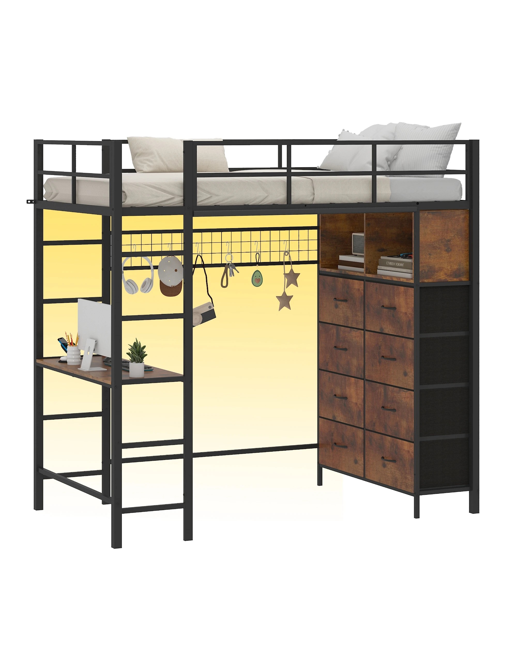 6 Ufurniture Single Loft Bunk Bed with LED Power Outlet Desk Storage Dual Ladder - Brown, 6 of 9
