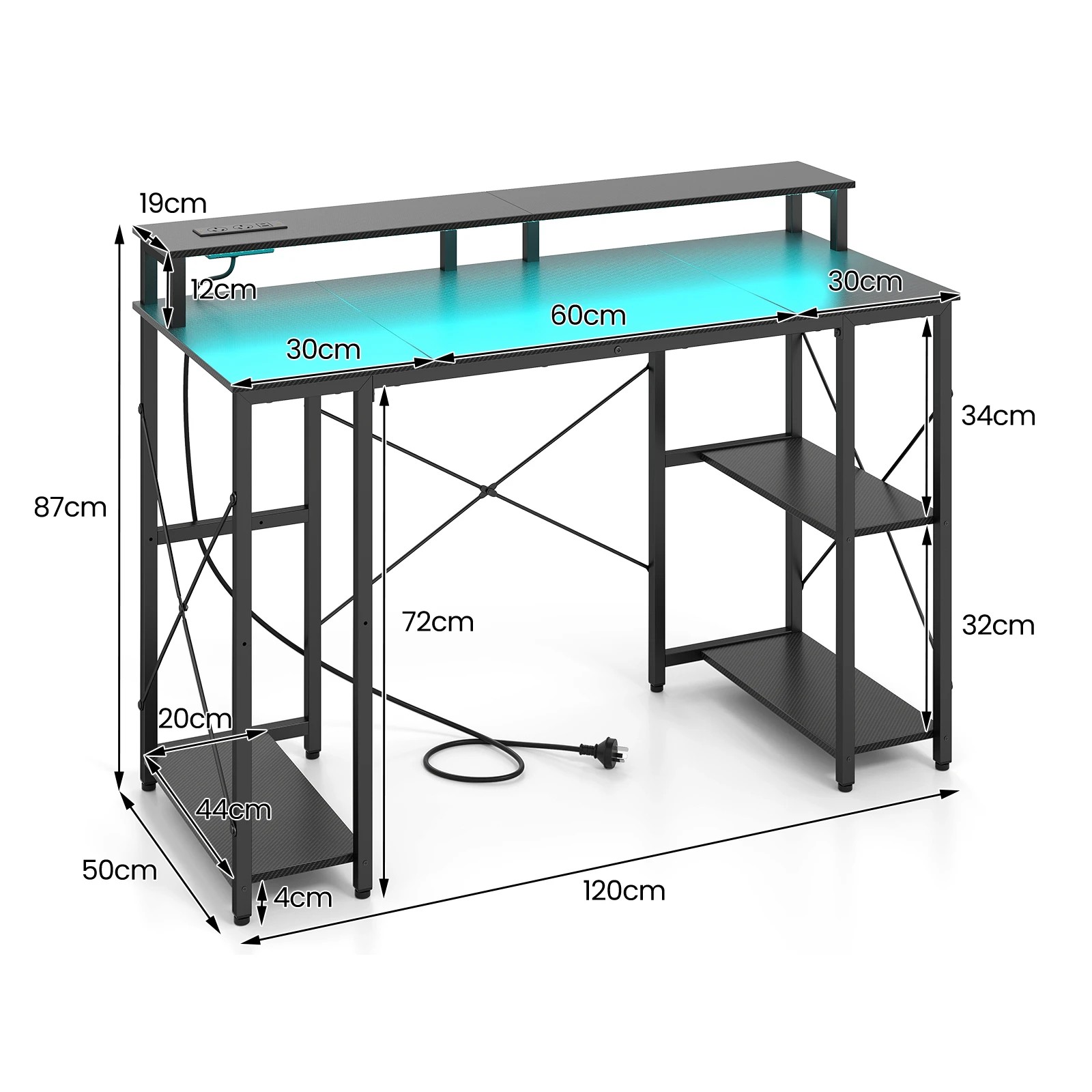 2 Costway 120cm Computer Desk w/Charging Station & LEDs Workstation Gaming Table, 2 of 5