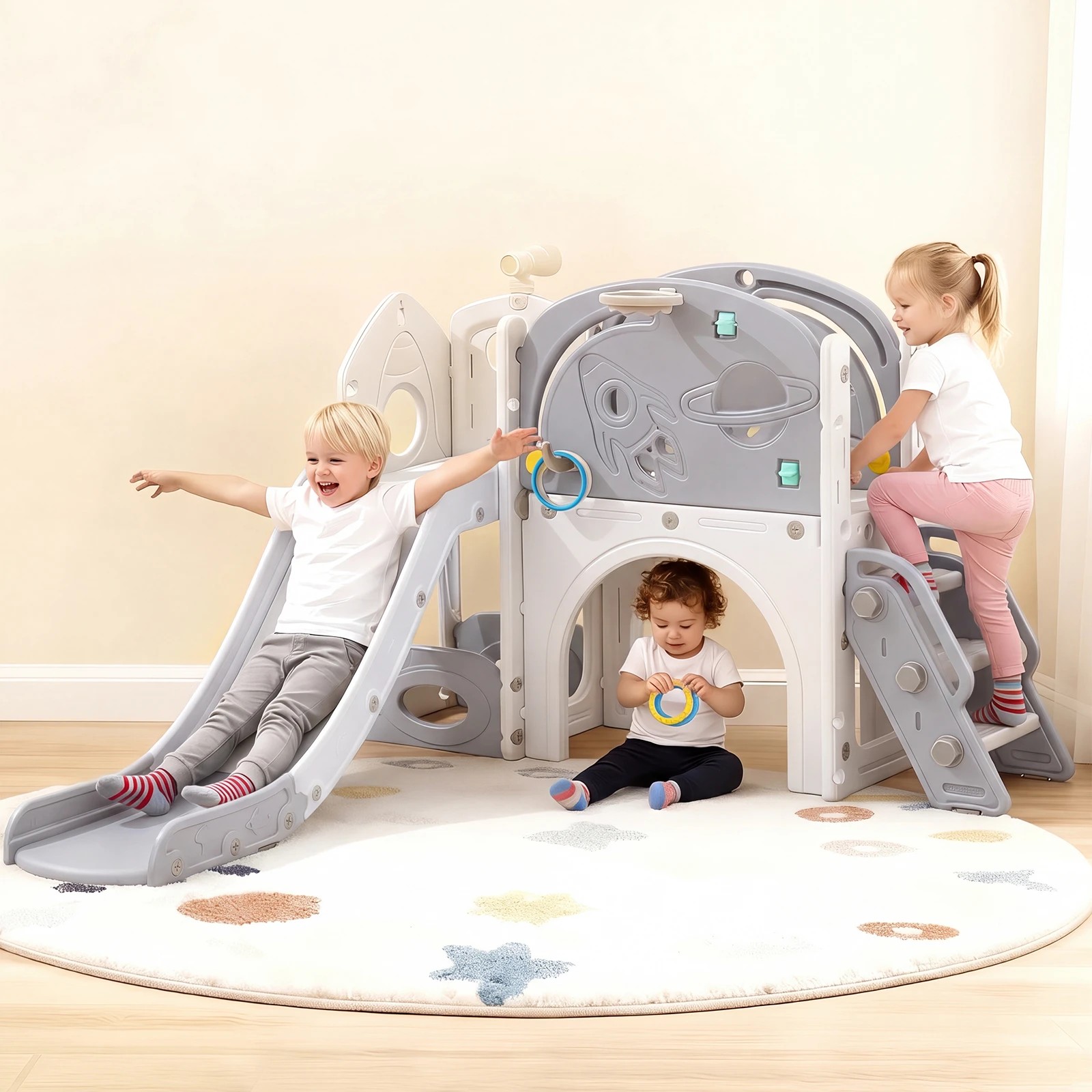 3 Advwin 9 in 1 L-Shaped Toddler Slide Indoor Baby Slide Kids Playset Outdoor Playground - Grey, 3 of 8