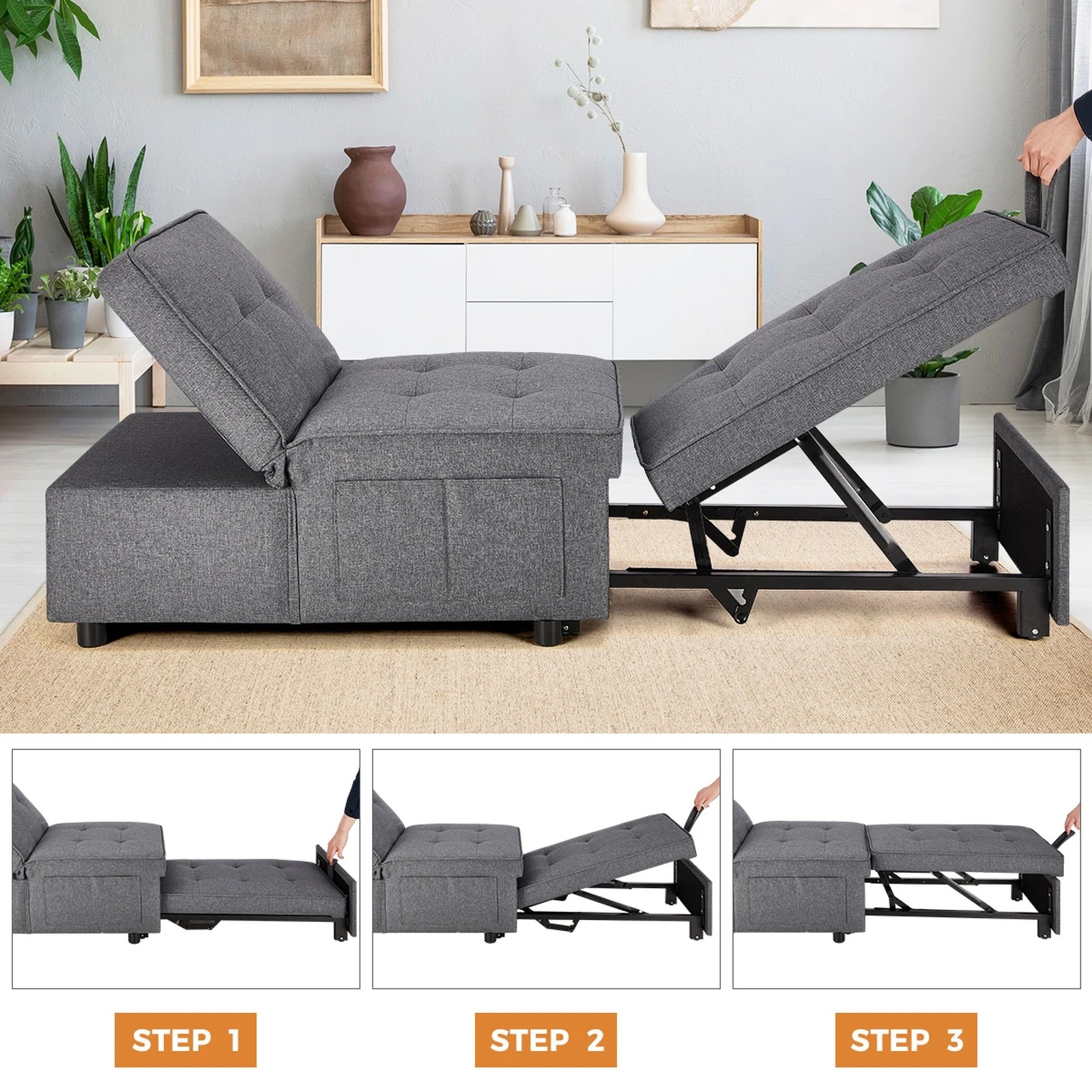 3 Oikiture 4 In 1 Convertible Sofa Bed Ottoman Couch Lounge Recliner Chair Linen
 - Grey, 3 of 10