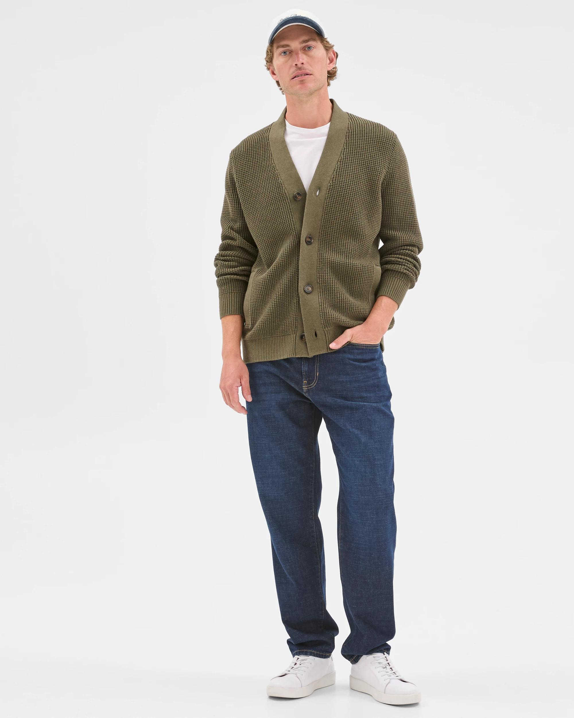 3 Target Man Australian Cotton V-Neck Waffle Knit Cardigan KHAKI, 3 of 6