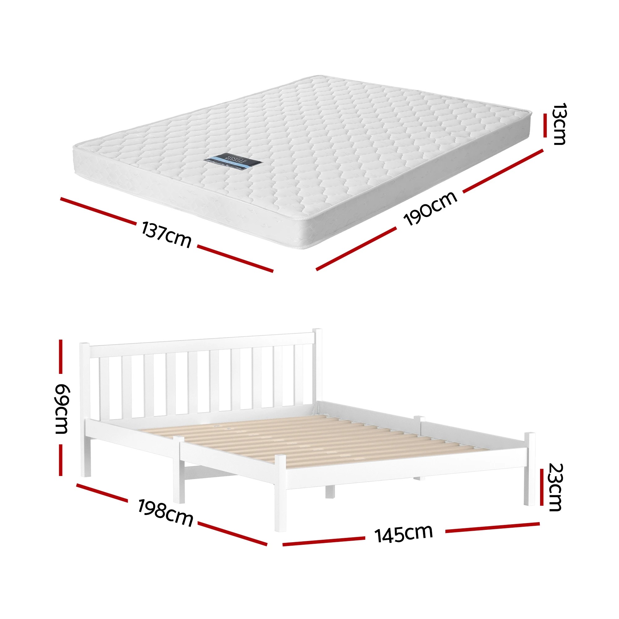 2 Giselle Double Mattress with Artiss Wooden Bed Frame Set Solid Pine Base - Double Bed - White, 2 of 9