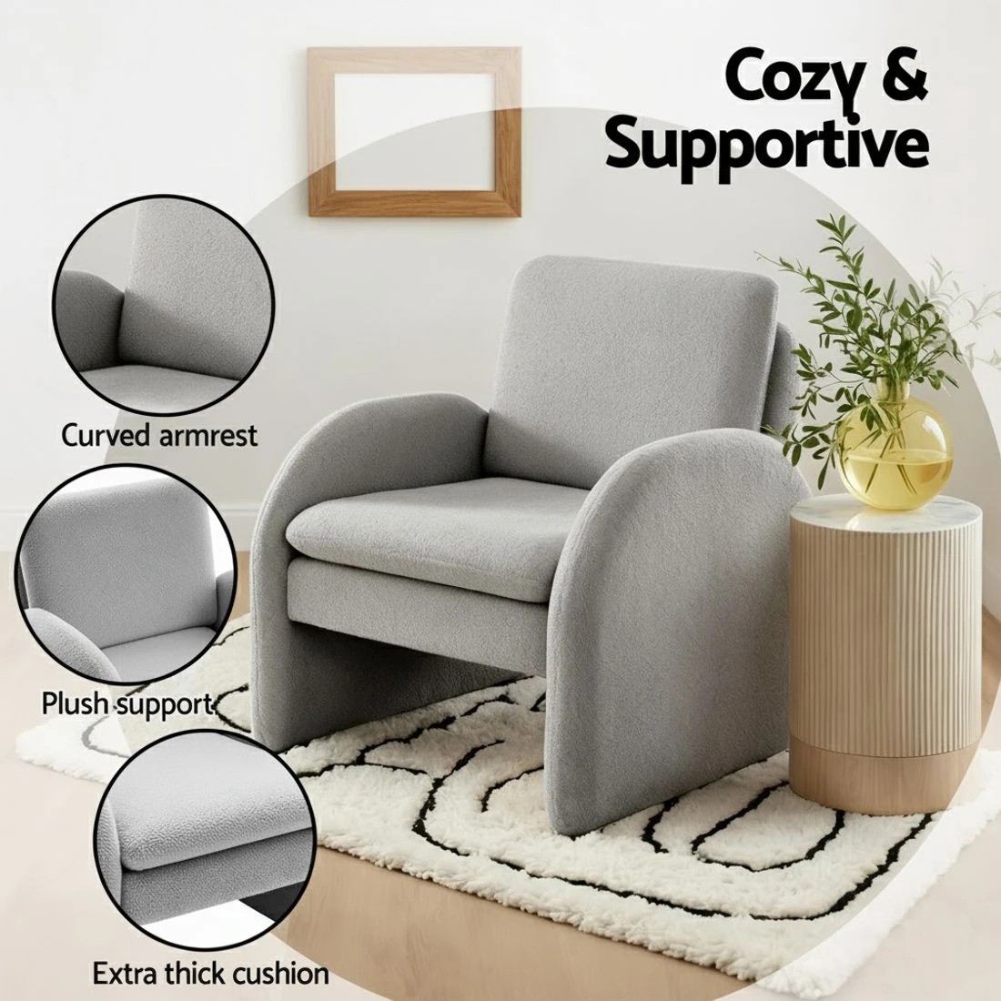 5 Artiss Armchair Accent Chair Lounge Tub Sofa Couch Curved Arm Seat Boucle - Grey, 5 of 6