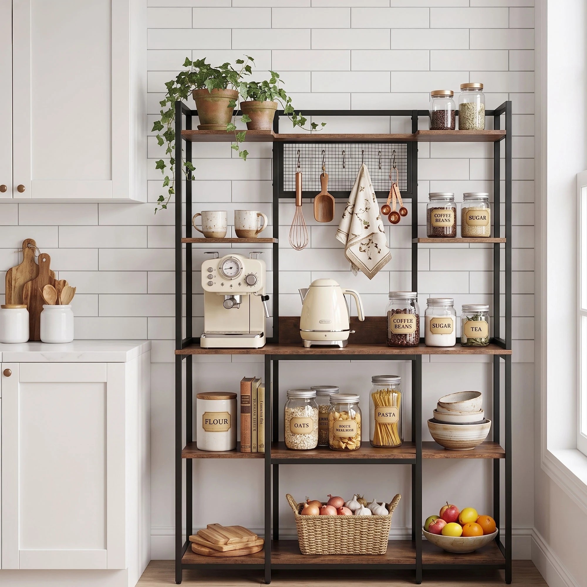 5 Artiss Kitchen Rack with 6 Hooks Microwave Storage Shelf 120cm x 170cm - Brown, 5 of 9